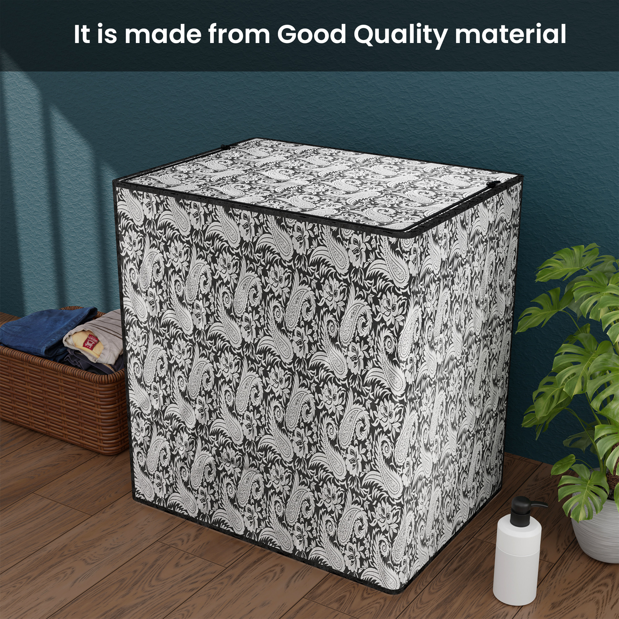 Kuber Industries Waterproof  Dustproof Semi-Automatic Washing Machine Cover 6 kg65 kg7 kg75 kg with Zip  Top Load Machine Cover With Cuts For Wires  Pipes  Black Silver Carry