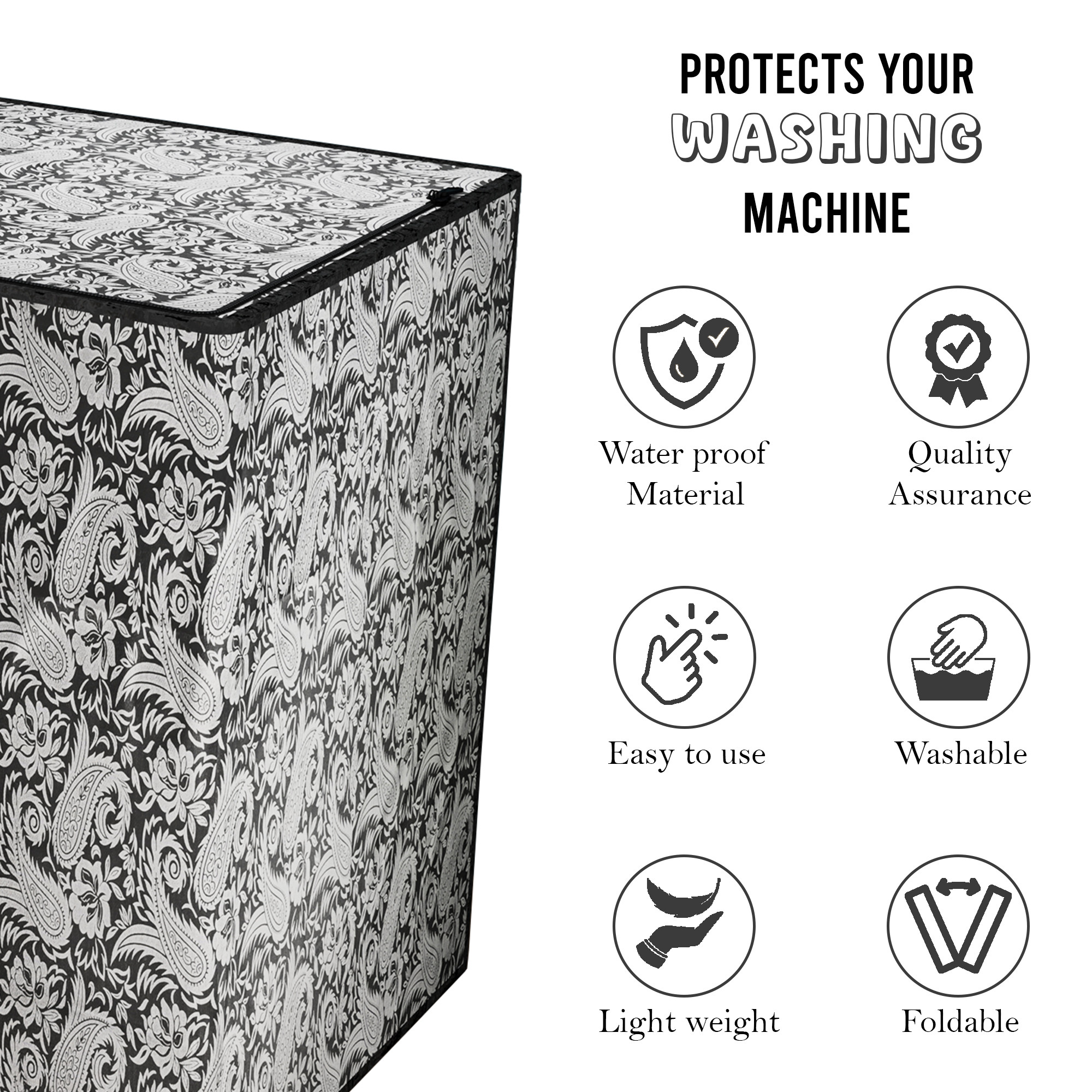 Kuber Industries Waterproof  Dustproof Semi-Automatic Washing Machine Cover 6 kg65 kg7 kg75 kg with Zip  Top Load Machine Cover With Cuts For Wires  Pipes  Black Silver Carry