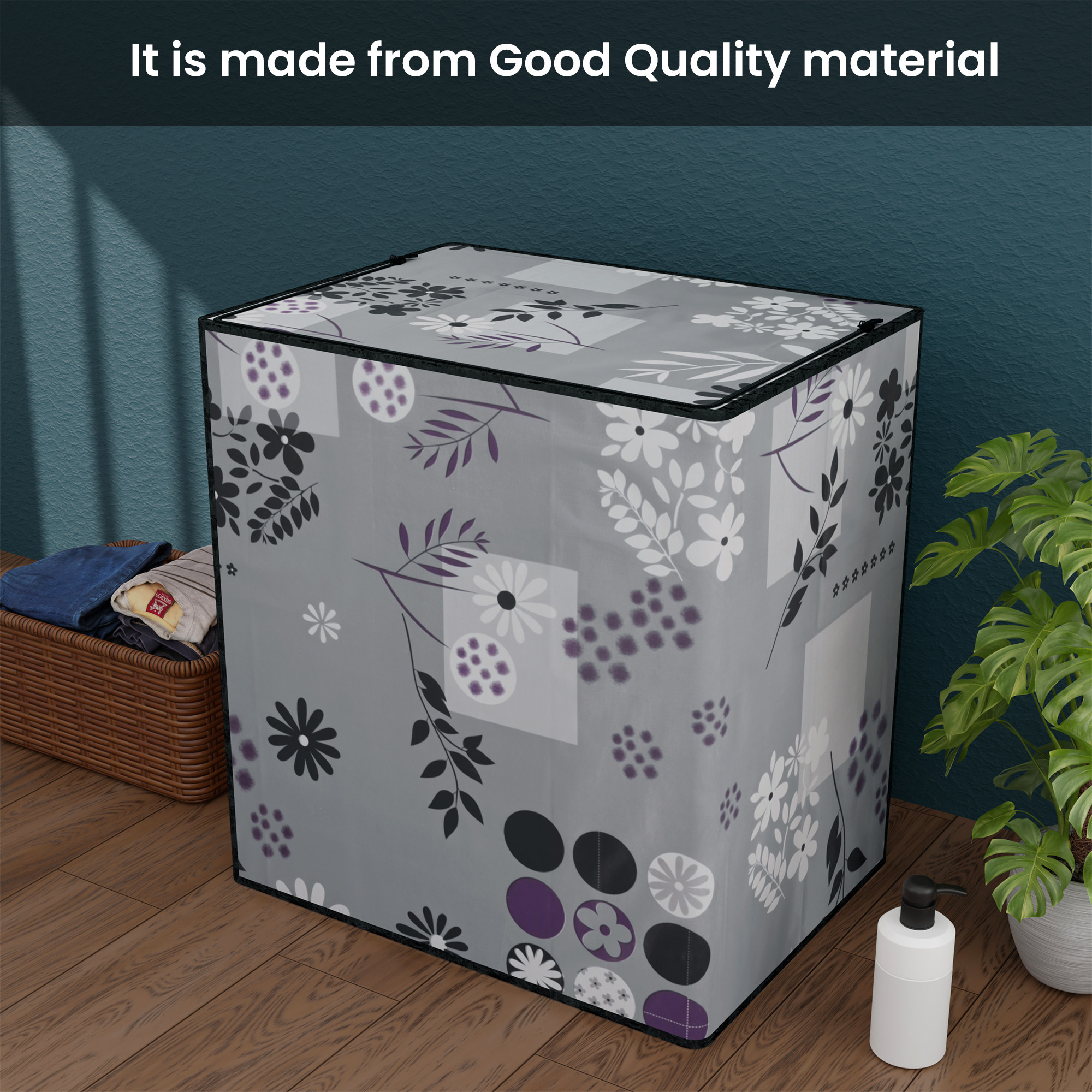 Kuber Industries Waterproof  Dustproof Semi-Automatic Washing Machine Cover 6 kg65 kg7 kg75 kg with Zip  Top Load Machine Cover With Cuts For Wires  Pipes  Grey Flower Circle