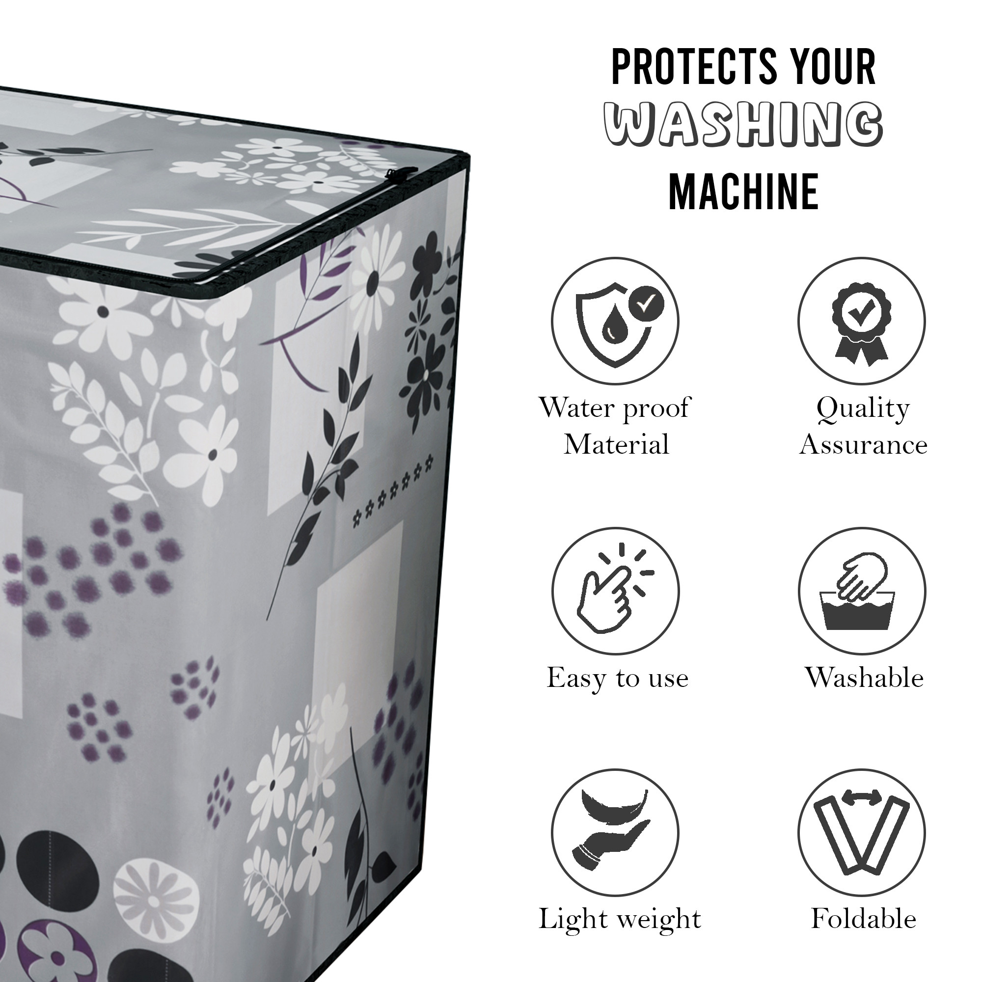 Kuber Industries Waterproof  Dustproof Semi-Automatic Washing Machine Cover 6 kg65 kg7 kg75 kg with Zip  Top Load Machine Cover With Cuts For Wires  Pipes  Grey Flower Circle