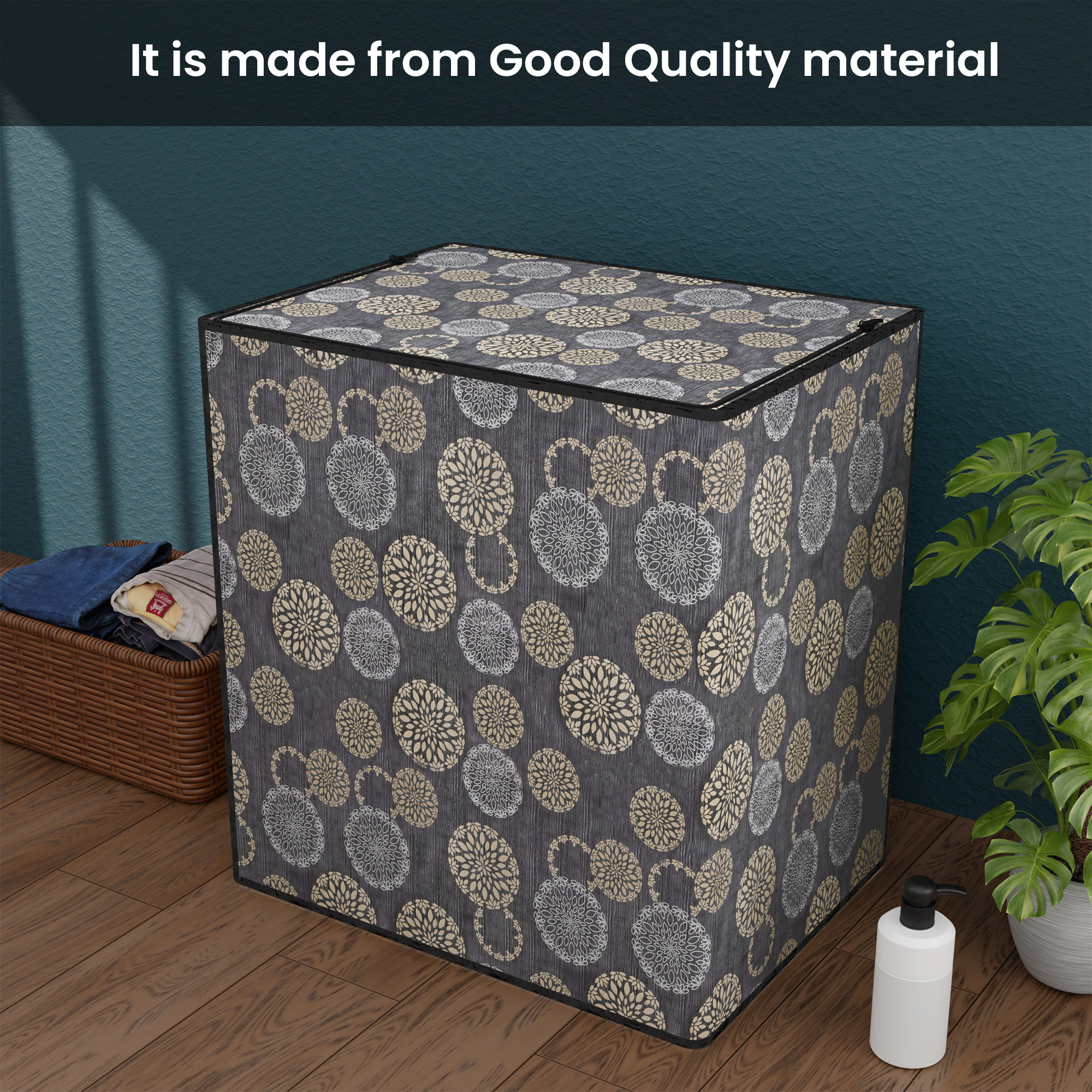 Kuber Industries Waterproof  Dustproof Semi-Automatic Washing Machine Cover 6 kg65 kg7 kg75 kg with Zip  Top Load Machine Cover With Cuts For Wires  Pipes  Black Golden Gola