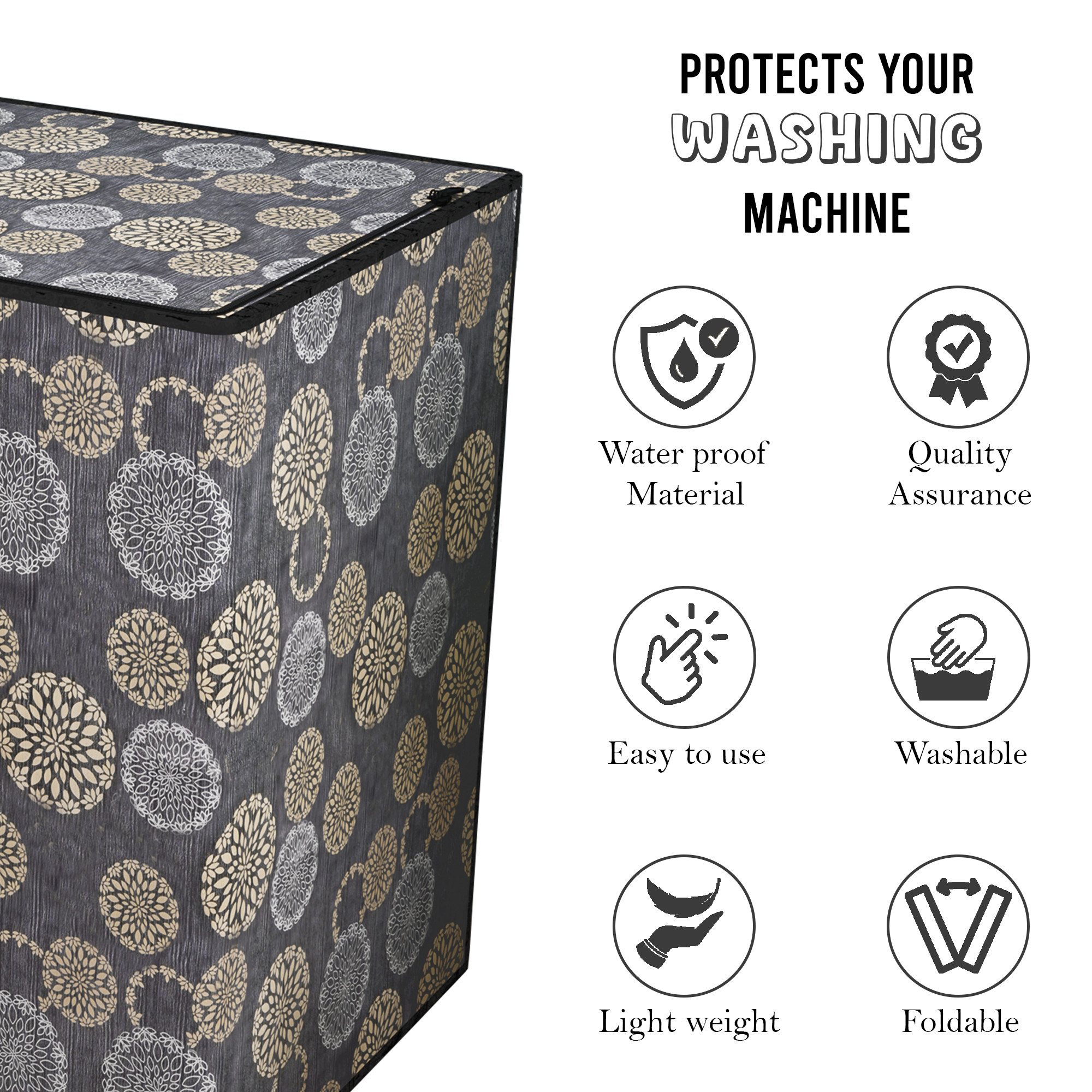 Kuber Industries Waterproof  Dustproof Semi-Automatic Washing Machine Cover 6 kg65 kg7 kg75 kg with Zip  Top Load Machine Cover With Cuts For Wires  Pipes  Black Golden Gola