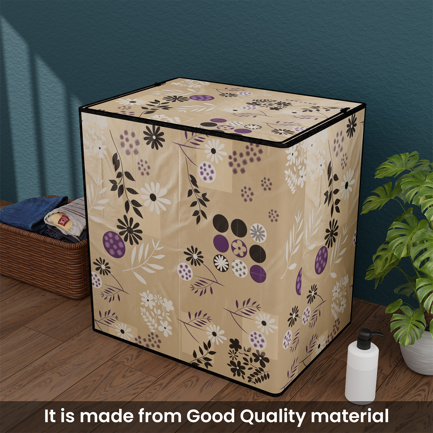 Kuber Industries Waterproof  Dustproof Semi-Automatic Washing Machine Cover 6 kg65 kg7 kg75 kg with Zip  Top Load Machine Cover With Cuts For Wires  Pipes  Light Brown Flower