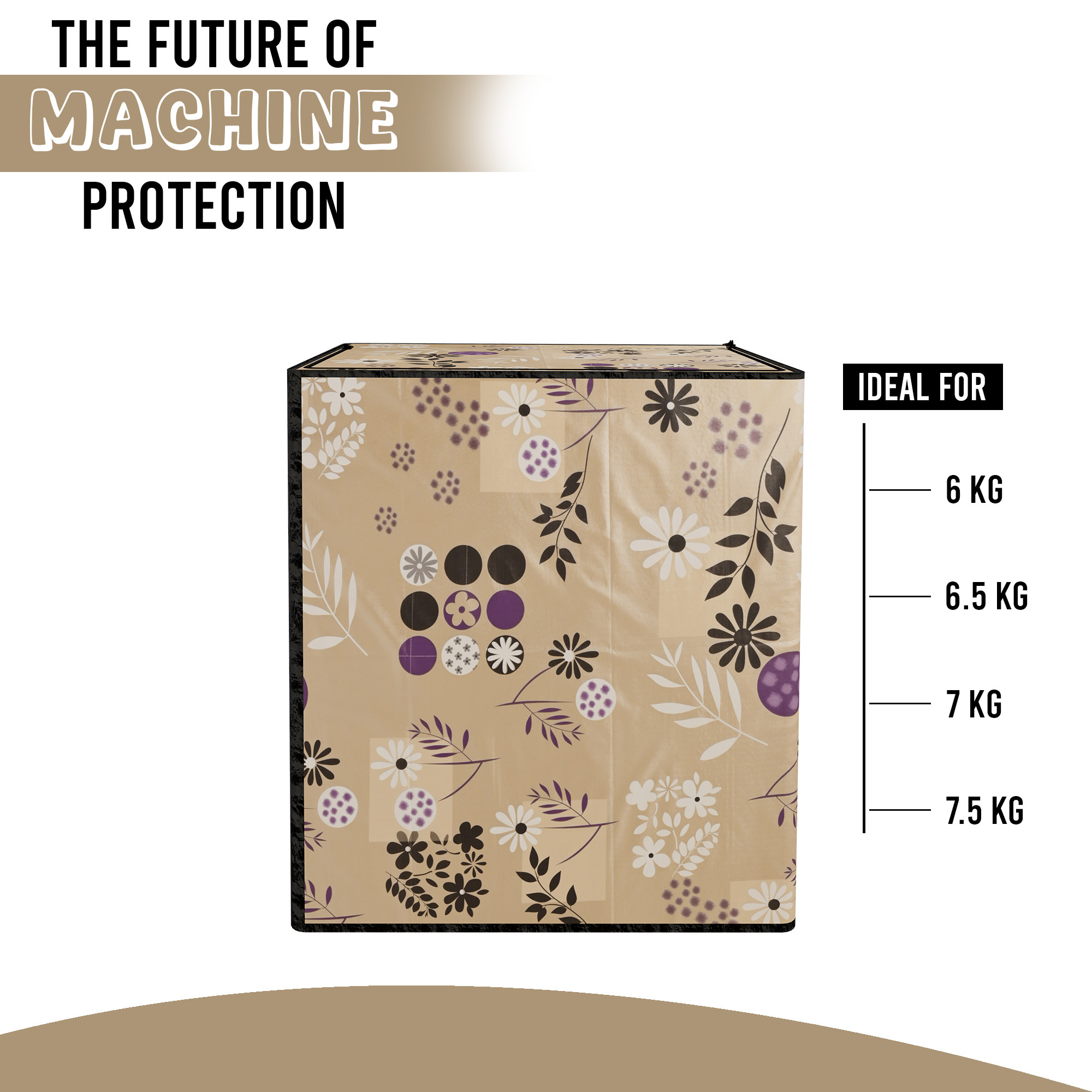 Kuber Industries Waterproof  Dustproof Semi-Automatic Washing Machine Cover 6 kg65 kg7 kg75 kg with Zip  Top Load Machine Cover With Cuts For Wires  Pipes  Light Brown Flower