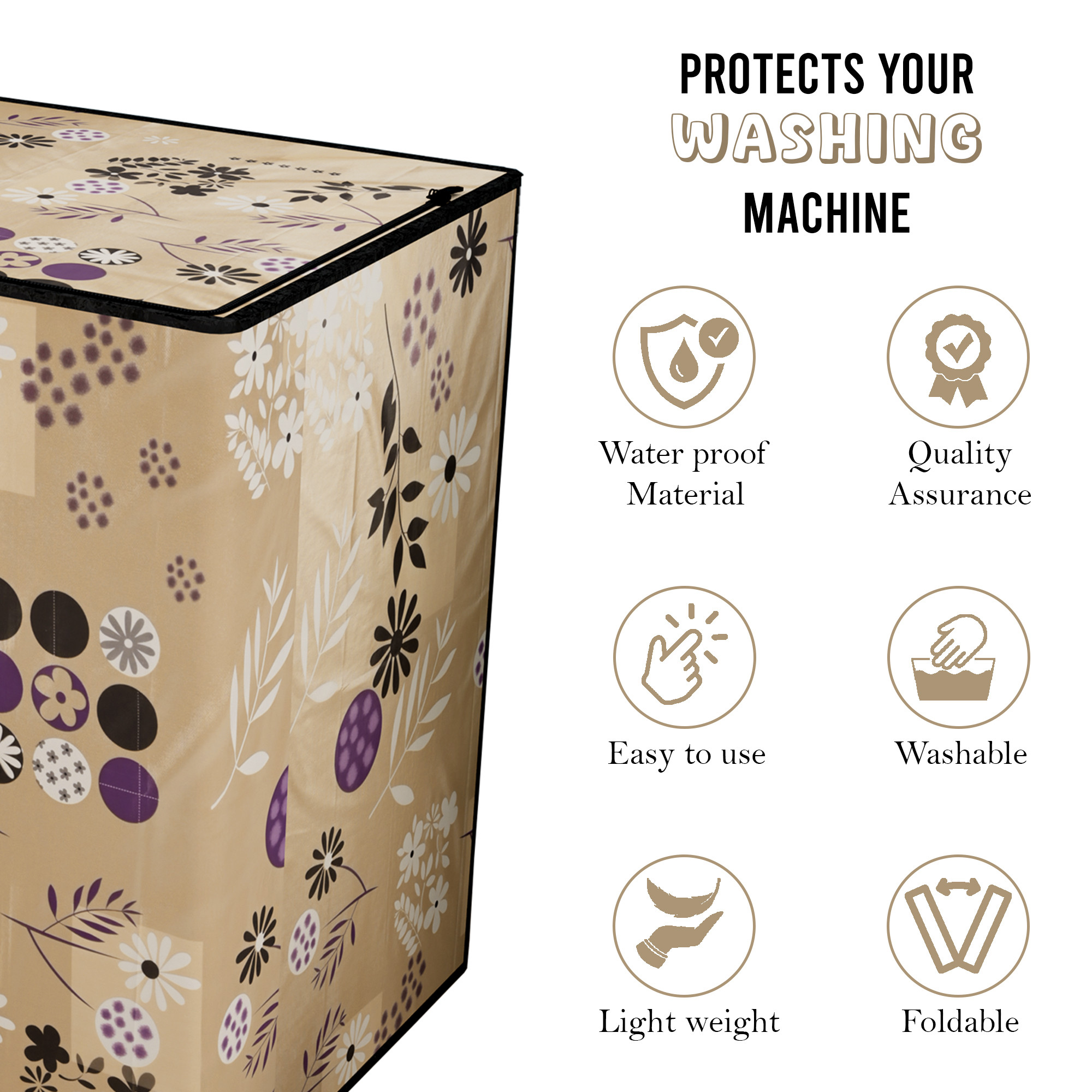 Kuber Industries Waterproof  Dustproof Semi-Automatic Washing Machine Cover 6 kg65 kg7 kg75 kg with Zip  Top Load Machine Cover With Cuts For Wires  Pipes  Light Brown Flower