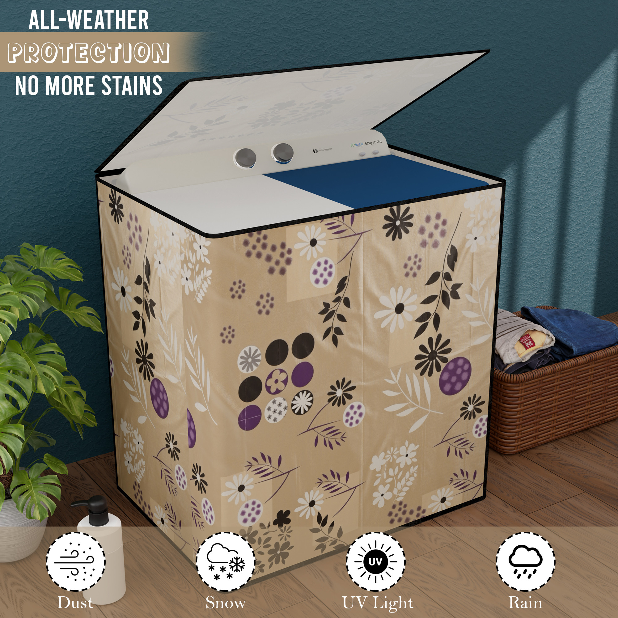 Kuber Industries Waterproof  Dustproof Semi-Automatic Washing Machine Cover 6 kg65 kg7 kg75 kg with Zip  Top Load Machine Cover With Cuts For Wires  Pipes  Light Brown Flower