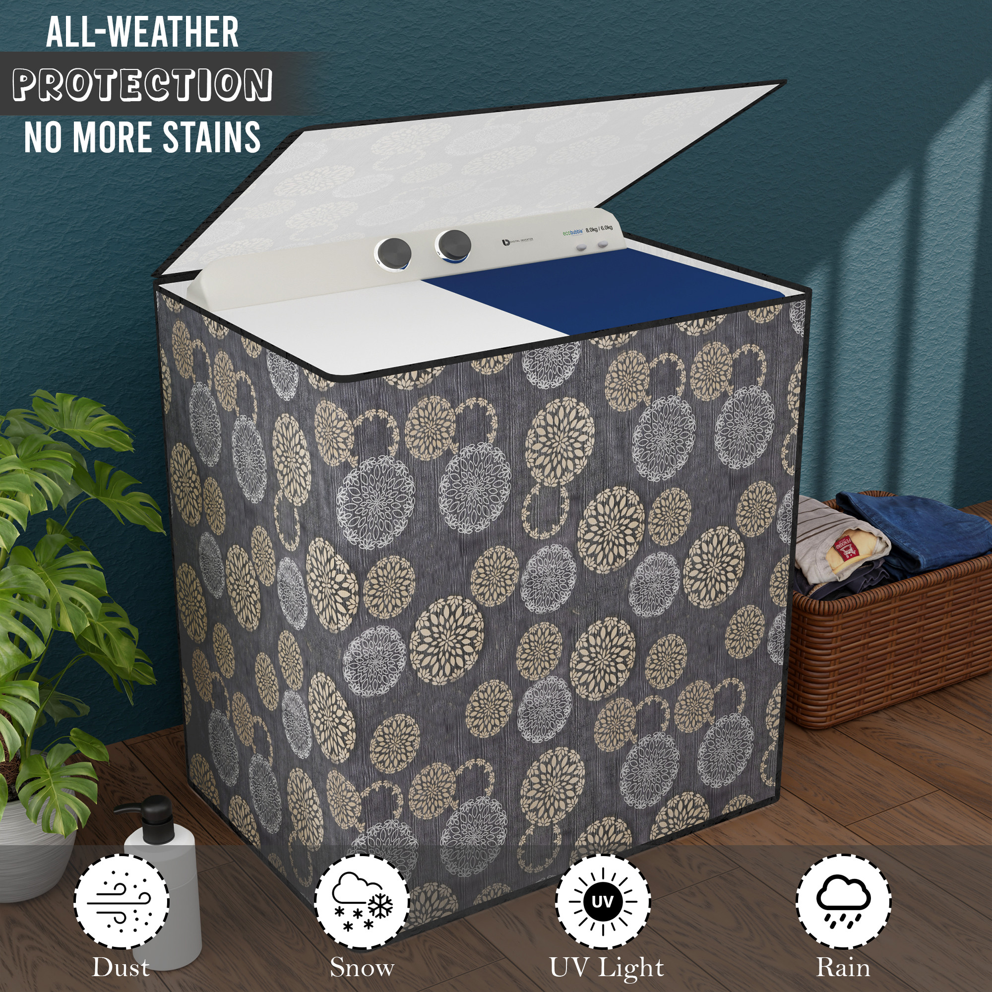 Kuber Industries Waterproof  Dustproof Semi-Automatic Washing Machine Cover 6 kg65 kg7 kg75 kg with Zip  Top Load Machine Cover With Cuts For Wires  Pipes  Black Golden Gola