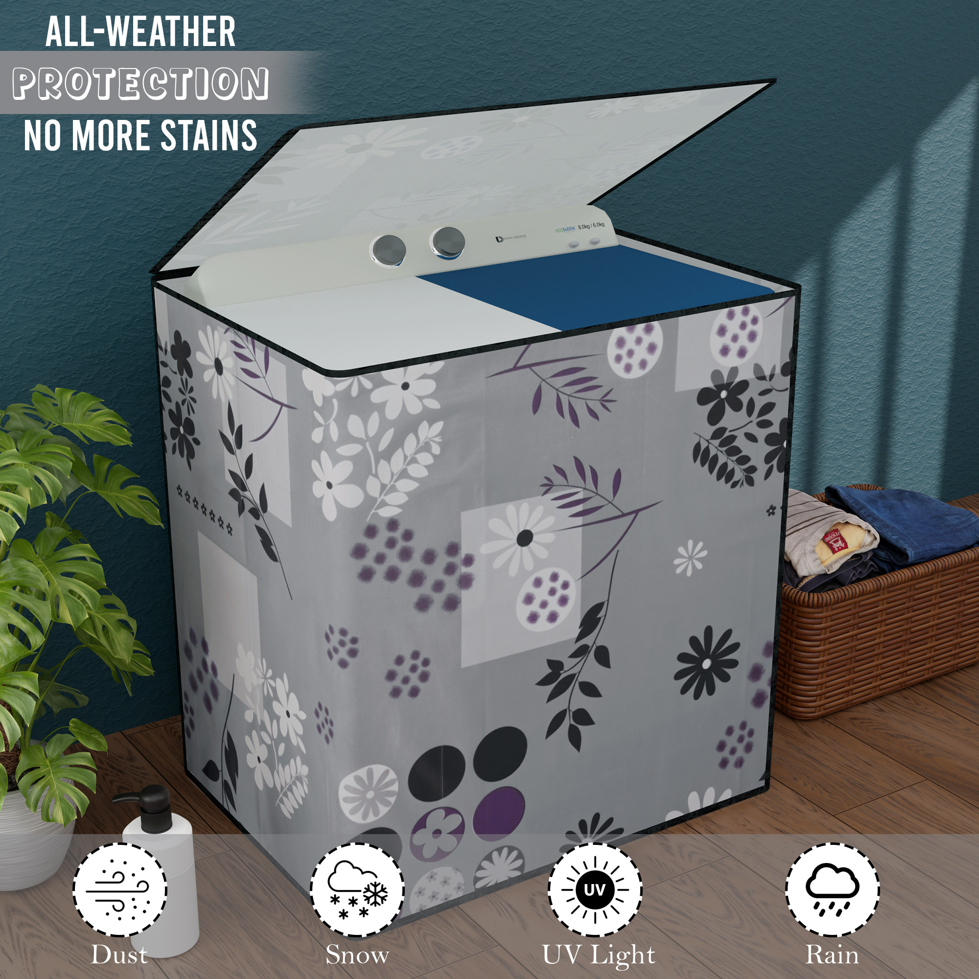 Kuber Industries Waterproof  Dustproof Semi-Automatic Washing Machine Cover 6 kg65 kg7 kg75 kg with Zip  Top Load Machine Cover With Cuts For Wires  Pipes  Grey Flower Circle