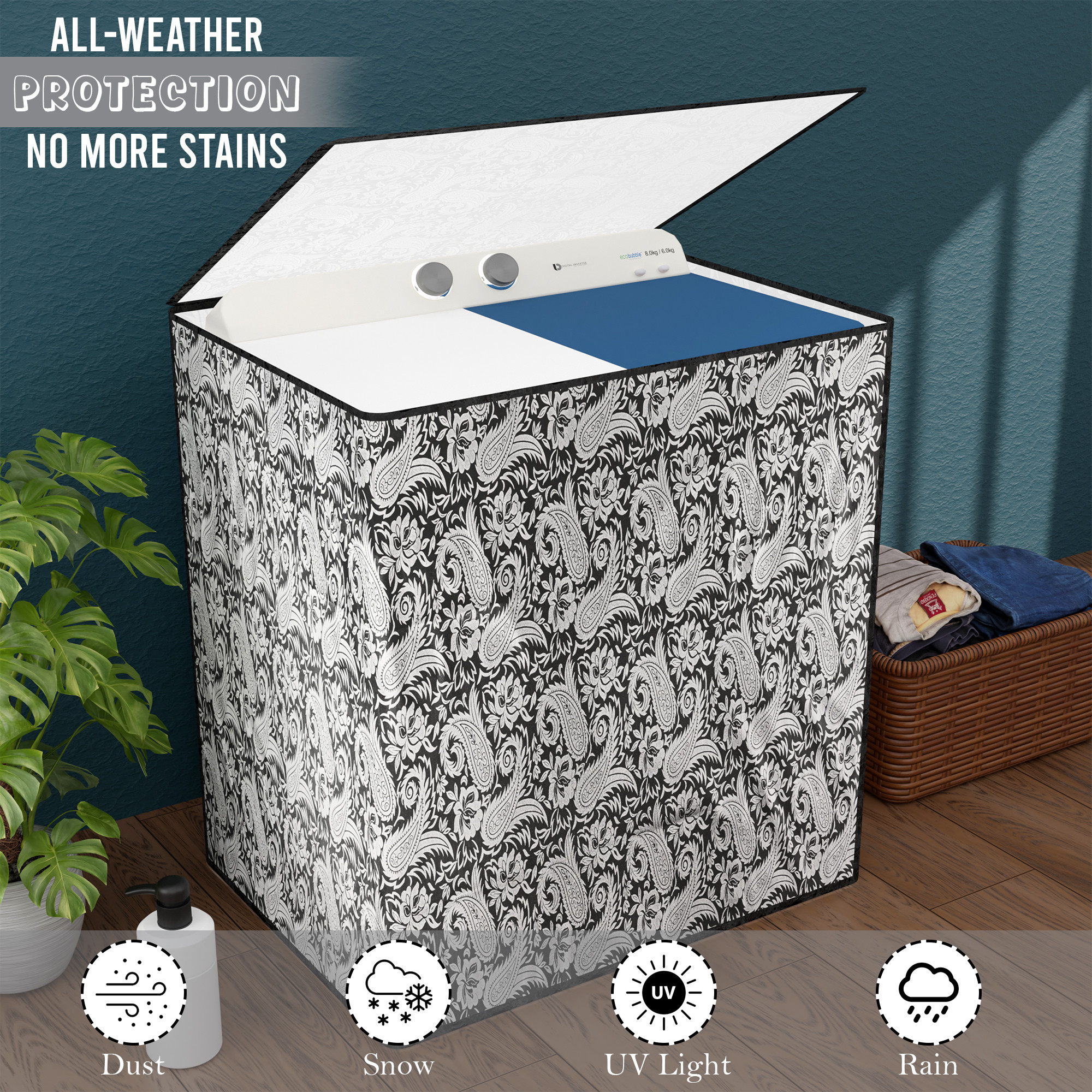 Kuber Industries Waterproof  Dustproof Semi-Automatic Washing Machine Cover 6 kg65 kg7 kg75 kg with Zip  Top Load Machine Cover With Cuts For Wires  Pipes  Black Silver Carry