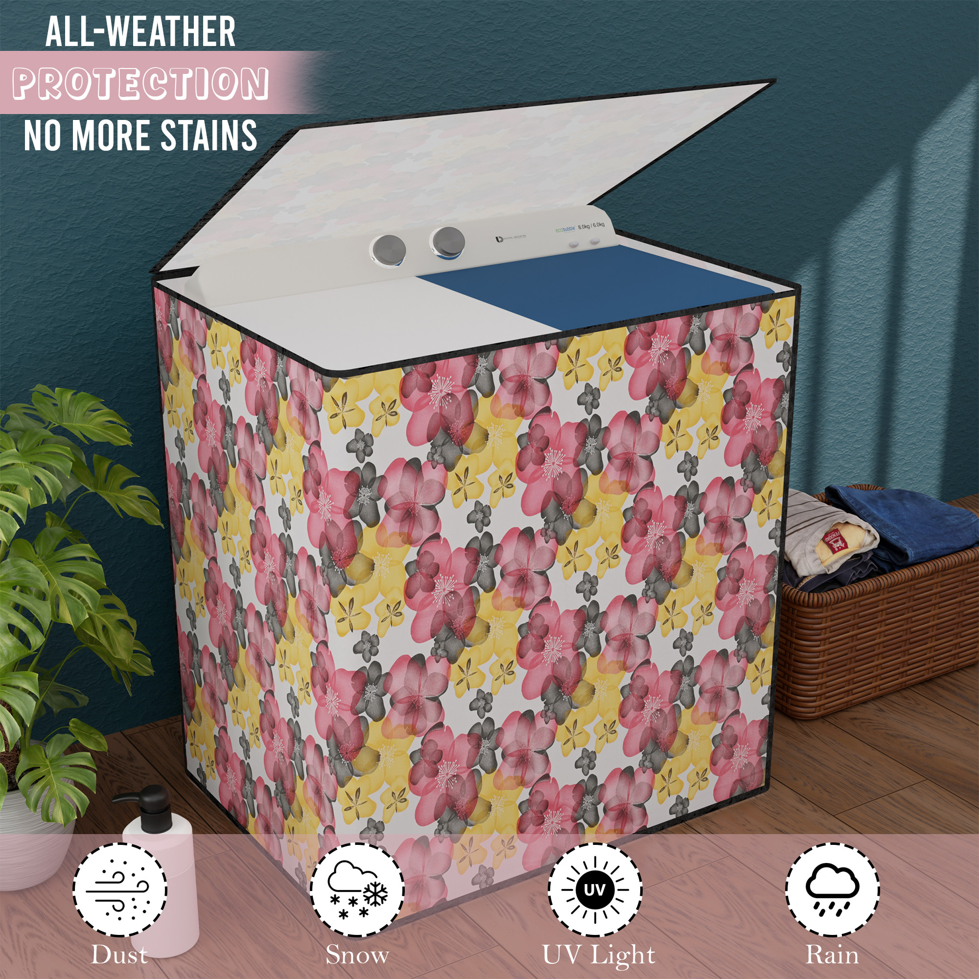 Kuber Industries Waterproof  Dustproof Semi-Automatic Washing Machine Cover 6 kg65 kg7 kg75 kg with Zip  Top Load Machine Cover With Cuts For Wire  Pipe  White Red Multi Flower