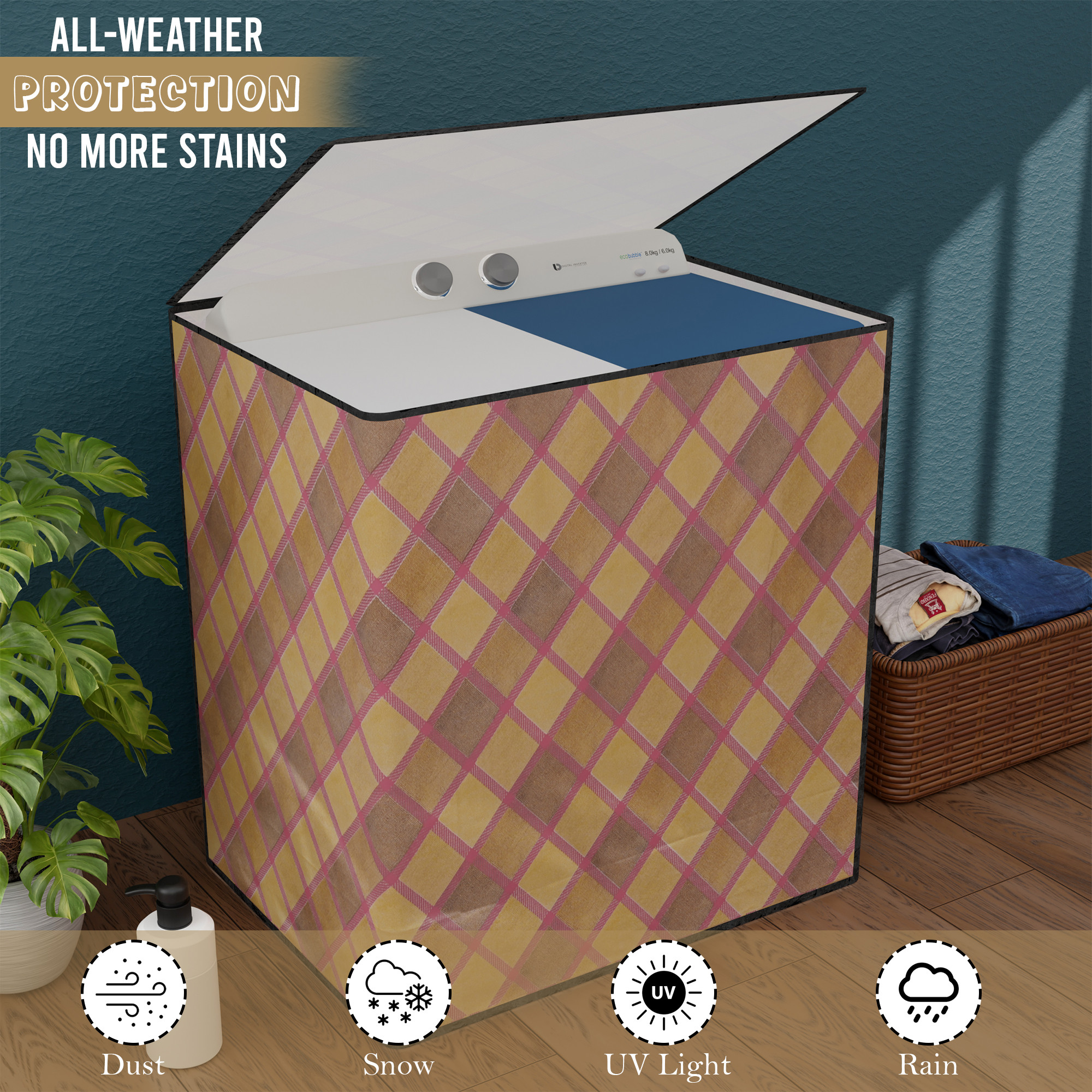 Kuber Industries Waterproof  Dustproof Semi-Automatic Washing Machine Cover 6 kg65 kg7 kg75 kg with Zip  Top Load Machine Cover With Cuts For Wires  Pipes  Maroon Golden Check
