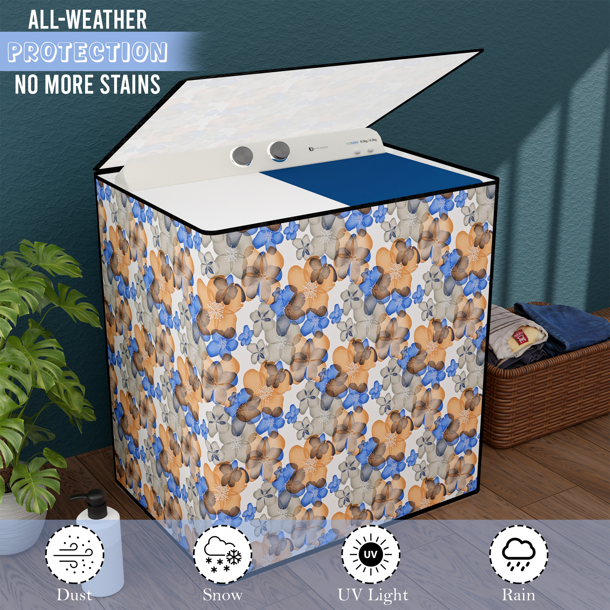 Kuber Industries Waterproof  Dustproof Semi-Automatic Washing Machine Cover 6 kg65 kg7 kg75 kg with Zip  Top Load Machine Cover With Cuts For WirePipe  White Blue Multi Flower