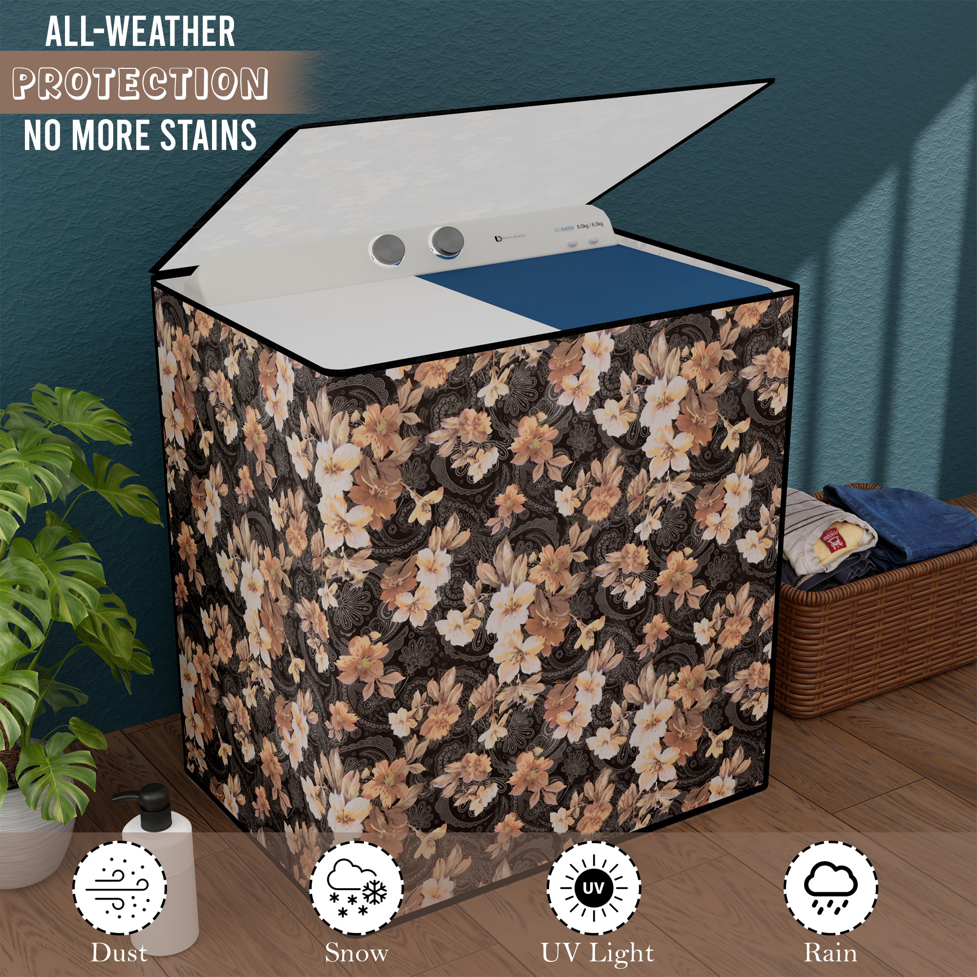 Kuber Industries Waterproof  Dustproof Semi-Automatic Washing Machine Cover 6 kg65 kg7 kg75 kg with Zip  Top Load Machine Cover With Cuts For Wires  Pipes  Grey Brown Flower