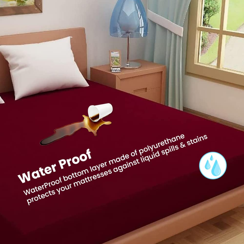 Kuber Industries Waterproof Double Bed Mattress Cover|Breathable Terry Cotton Surface & Elastic Fitted Mattress Protector,6 x 6.5 Ft. (Maroon)