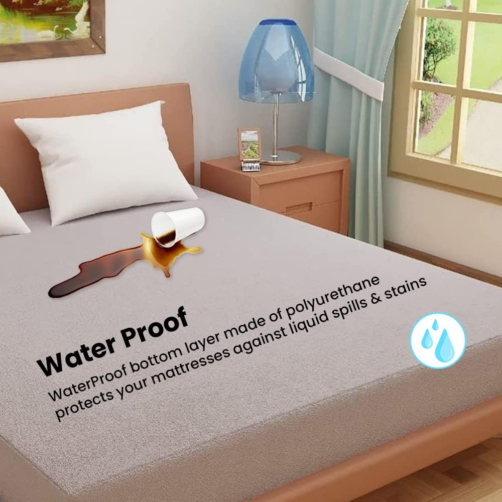 Kuber Industries Waterproof Double Bed Mattress Cover|Breathable Terry Cotton Surface & Elastic Fitted Mattress Protector,6 x 6.5 Ft. (Gray)