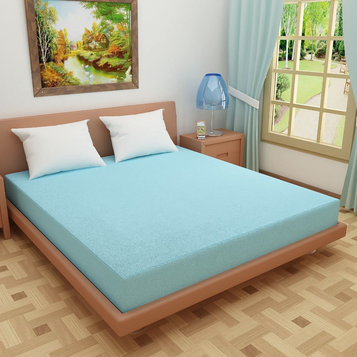 Kuber Industries Waterproof Double Bed Mattress Cover|Breathable Terry Cotton Surface & Elastic Fitted Mattress Protector,6 x 6.5 Ft. (Sky Blue)