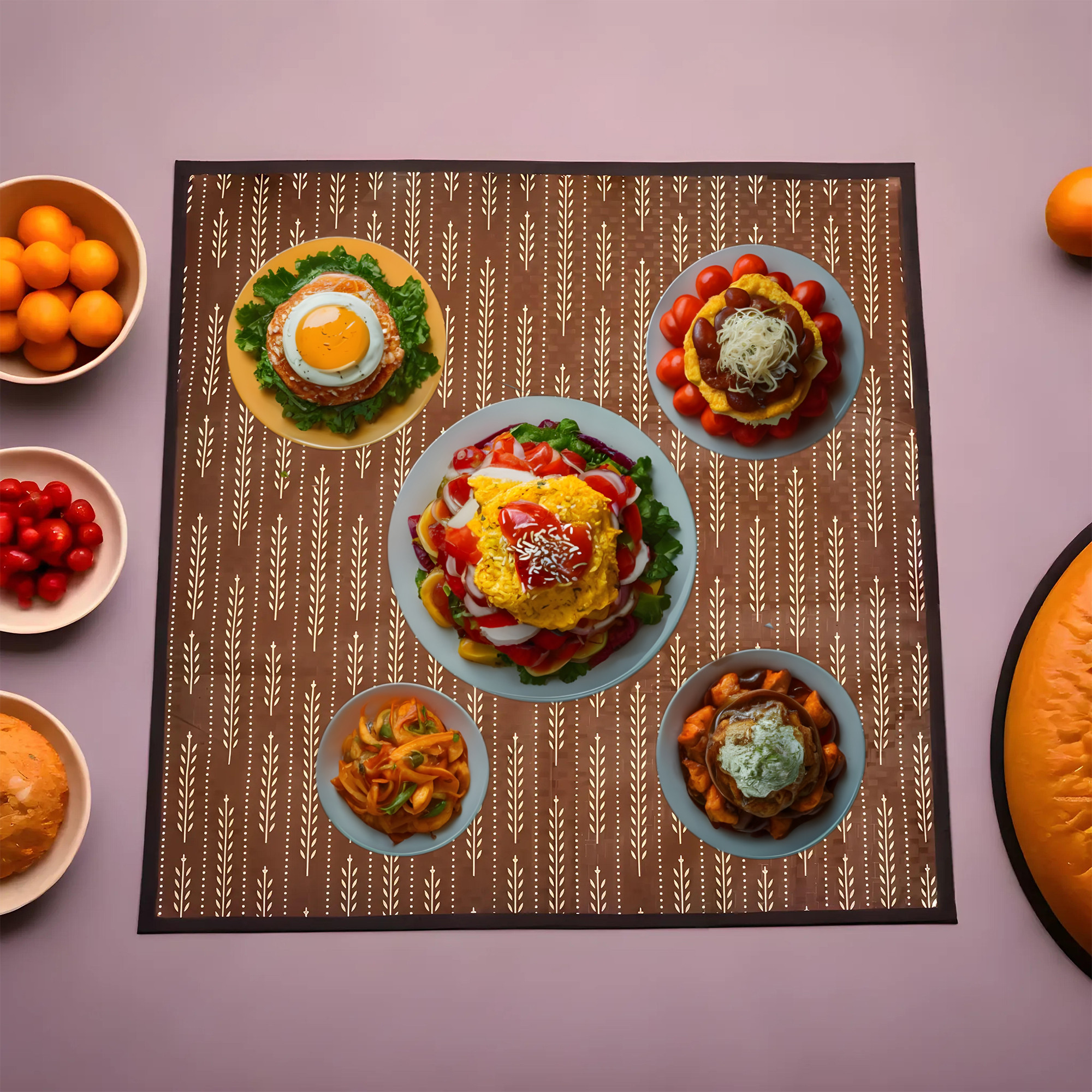 Kuber Industries Waterproof Food Mat for Bed  Reversible Dastarkhan for Food  Bed Server for Home Kitchen  Living Room  Leaf  Circle Print - Brown  Beige