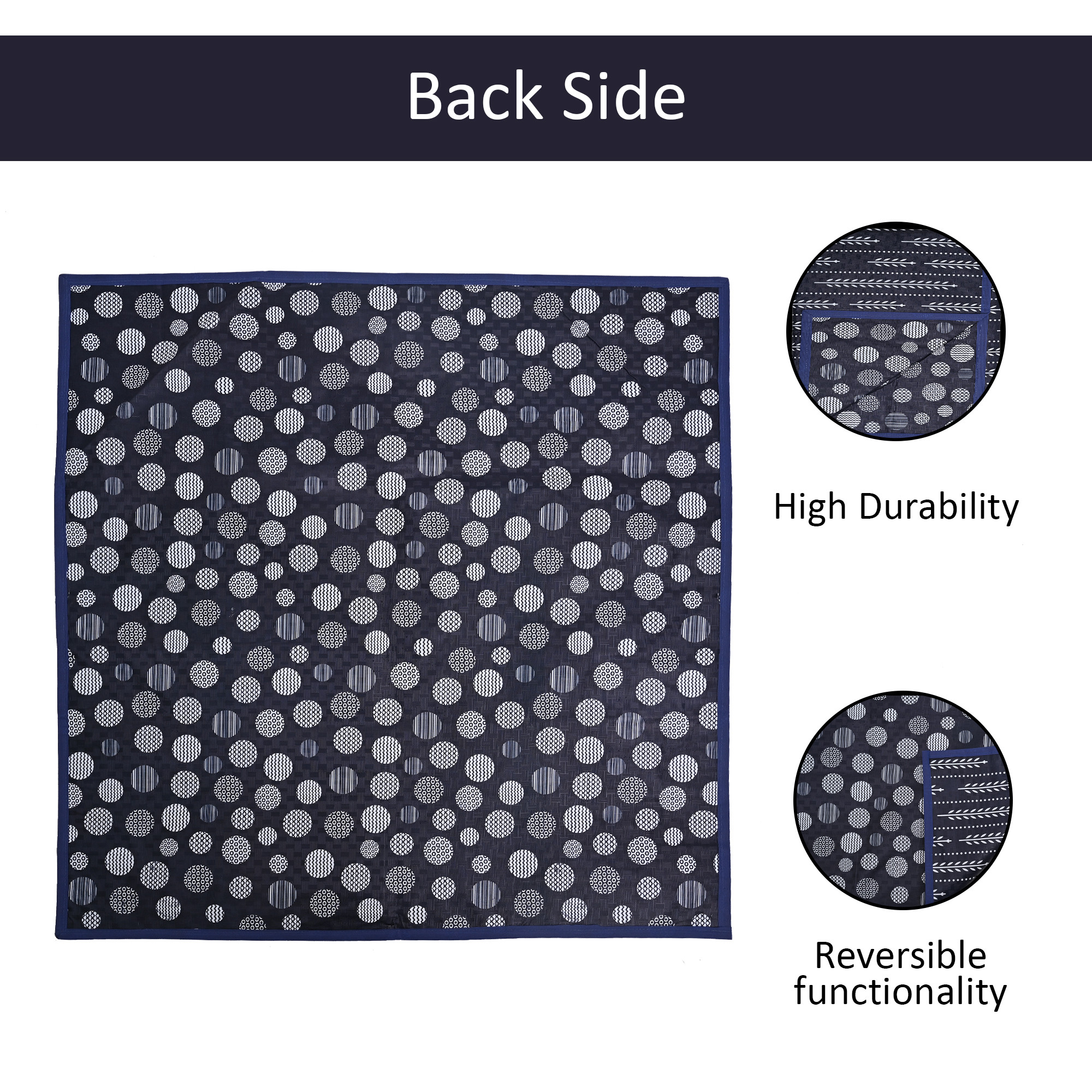 Kuber Industries Waterproof Food Mat for Bed  Reversible Dastarkhan for Food  Bed Server for Home Kitchen  Living Room  Leaf  Circle Print - Navy Blue  White