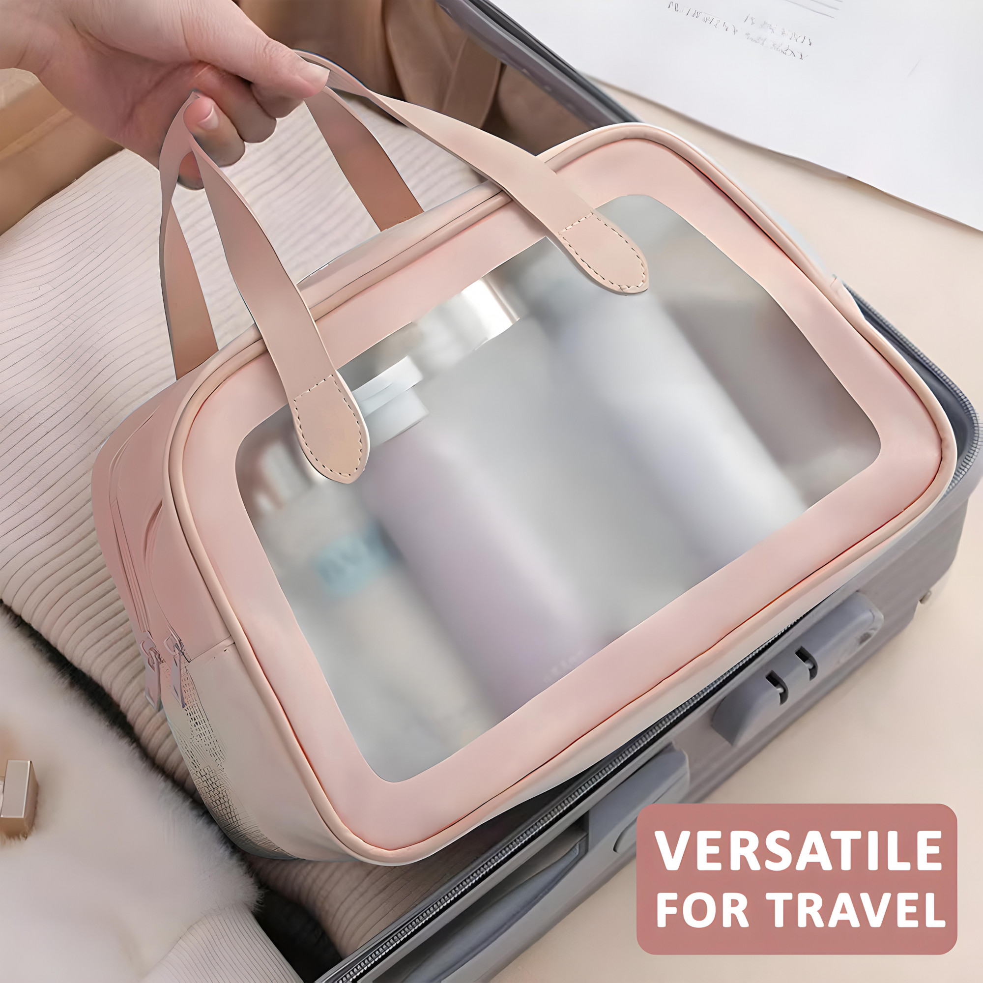 Kuber Industries Waterproof SkincareCosmetic Bag for Women  Space-Saving Makeup  Travel Toiletry Pouch  Aesthetic Vanity Kit  Wash Bag for Girls  YJ-20-PNK  Transparent - Pink