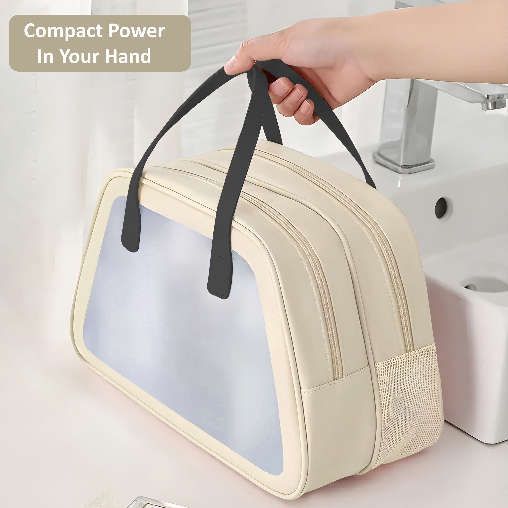 Kuber Industries Waterproof SkincareCosmetic Bag for Women  Space-Saving Makeup  Travel Toiletry Pouch  Aesthetic Vanity Kit  Wash Bag for Girls  YJ-20-BG  Transparent - Beige