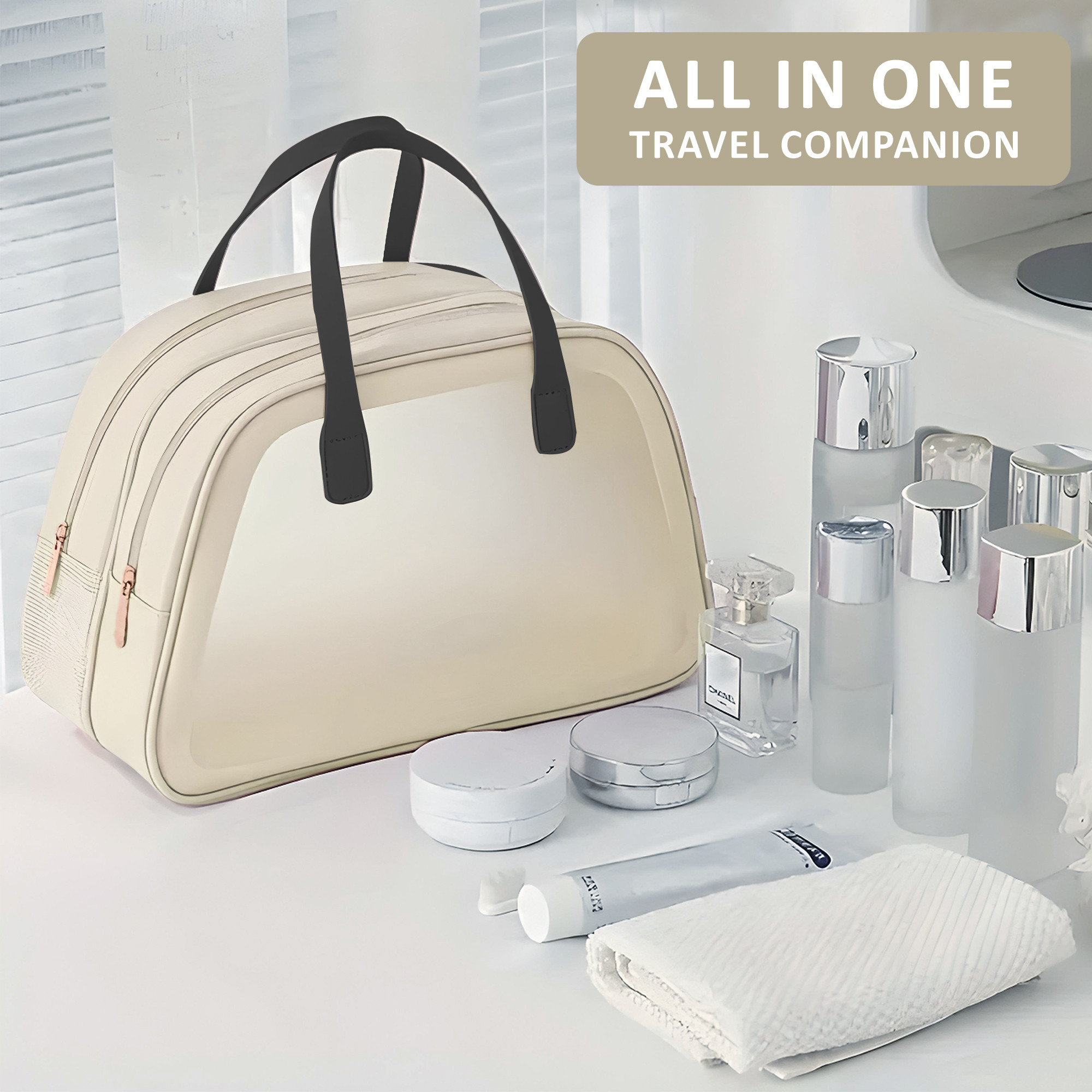 Kuber Industries Waterproof SkincareCosmetic Bag for Women  Space-Saving Makeup  Travel Toiletry Pouch  Aesthetic Vanity Kit  Wash Bag for Girls  YJ-20-BG  Transparent - Beige