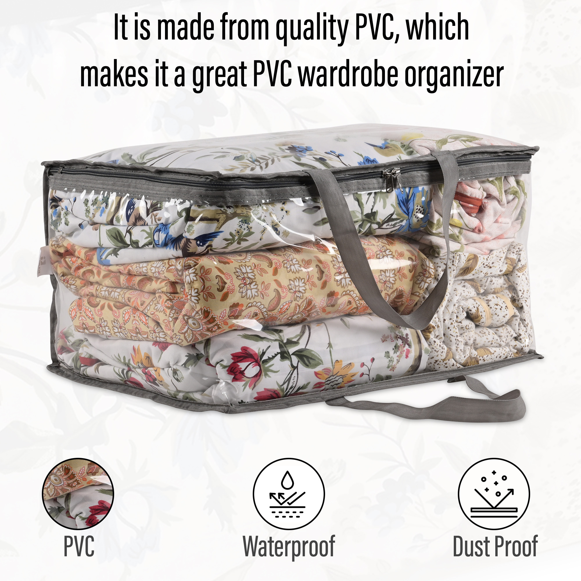 Kuber Industries Waterproof Storage Bag  Multipurpose Bag for Toys Clothes Blankets Bedsheets  Zipper  Handle  Transparent Wardrobe Organizer  Grey