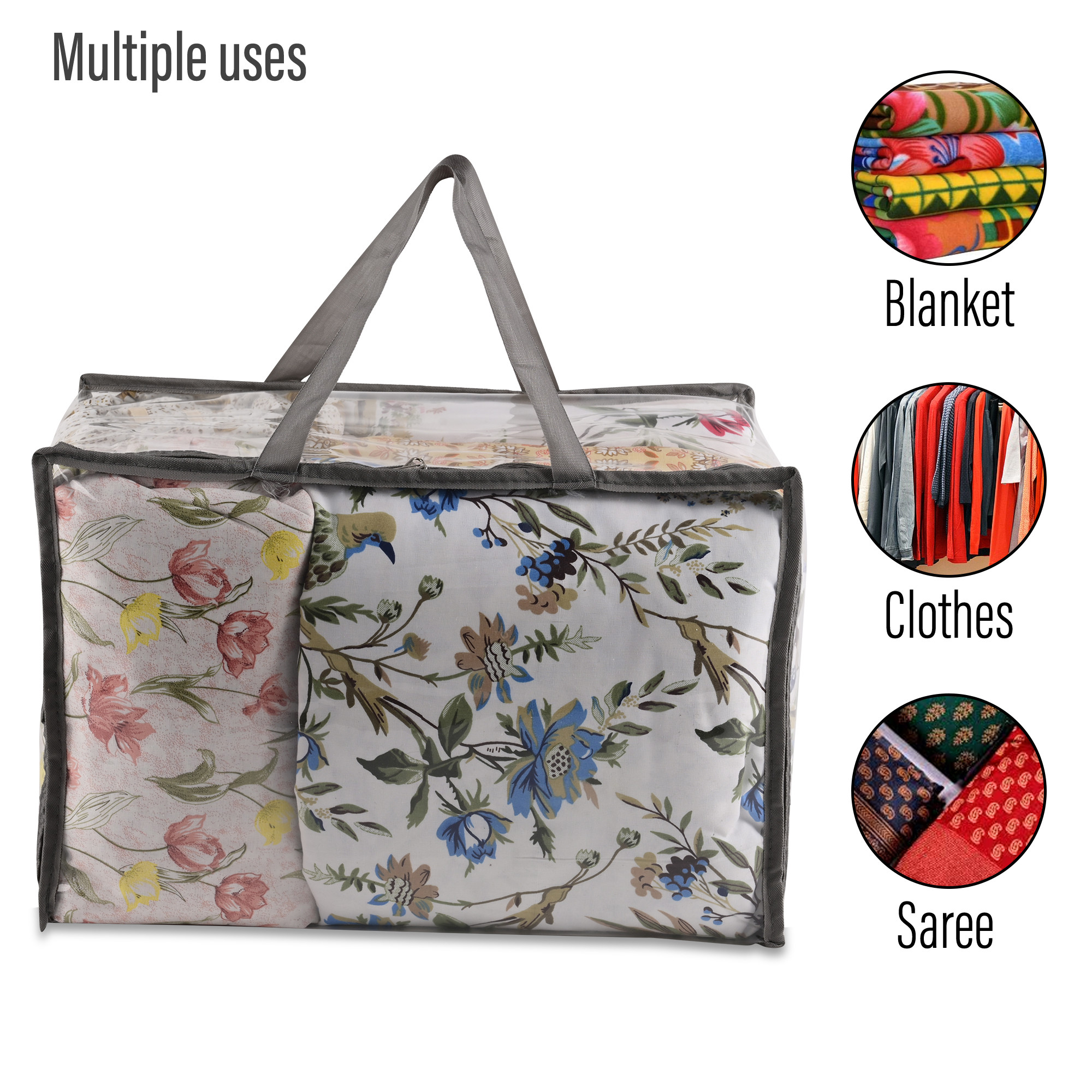 Kuber Industries Waterproof Storage Bag  Multipurpose Bag for Toys Clothes Blankets Bedsheets  Zipper  Handle  Transparent Wardrobe Organizer  Grey