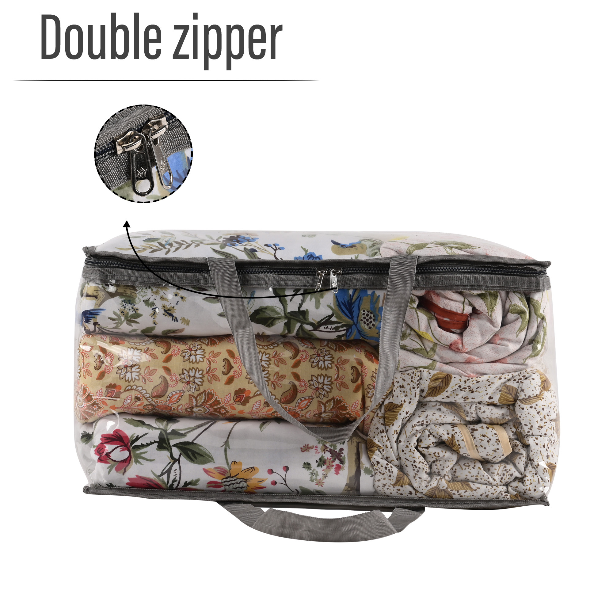 Kuber Industries Waterproof Storage Bag  Multipurpose Bag for Toys Clothes Blankets Bedsheets  Zipper  Handle  Transparent Wardrobe Organizer  Grey