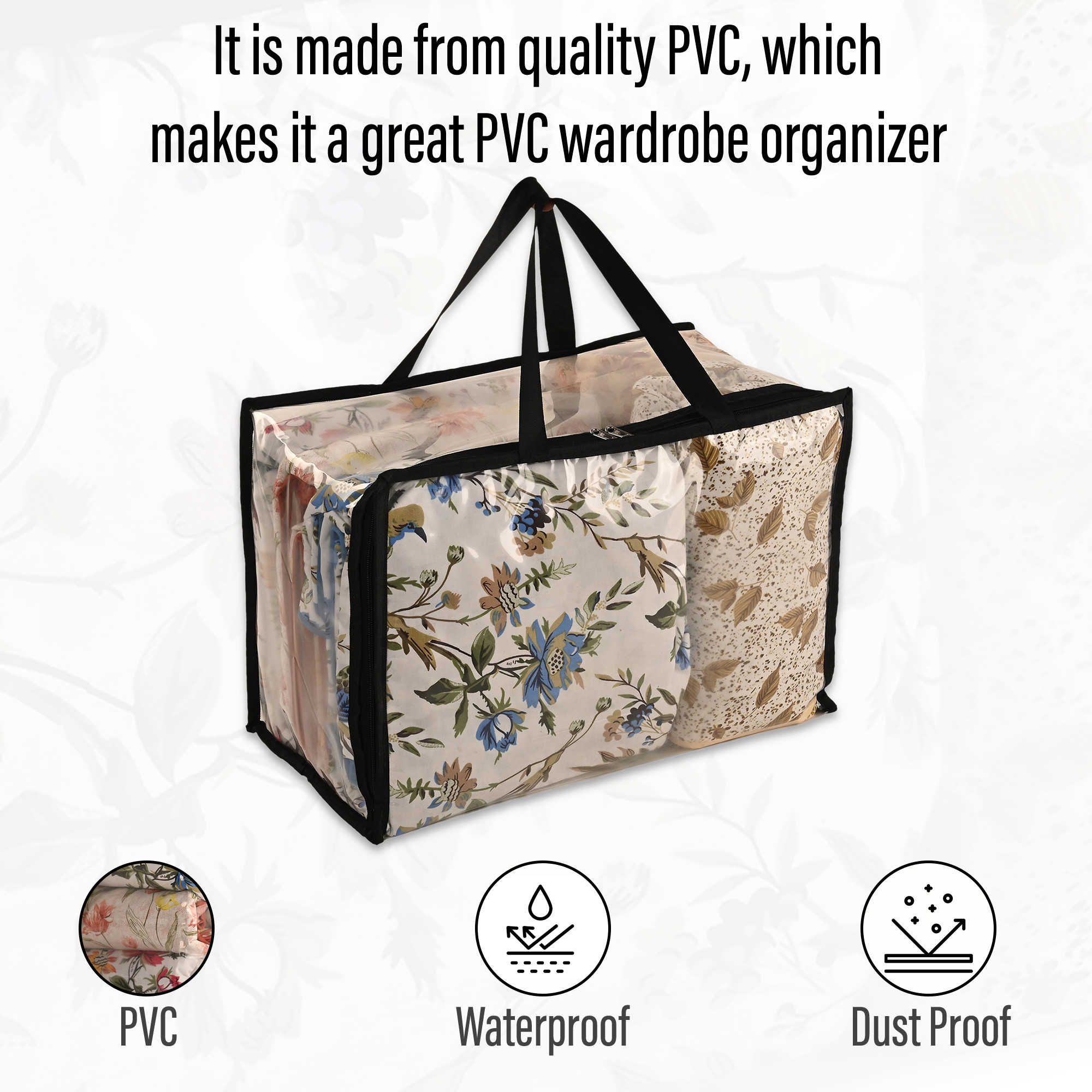 Kuber Industries Waterproof Storage Bag  Multipurpose Bag for Toys Clothes Blankets Bedsheets  Zipper  Handle  Transparent Wardrobe Organizer  Black