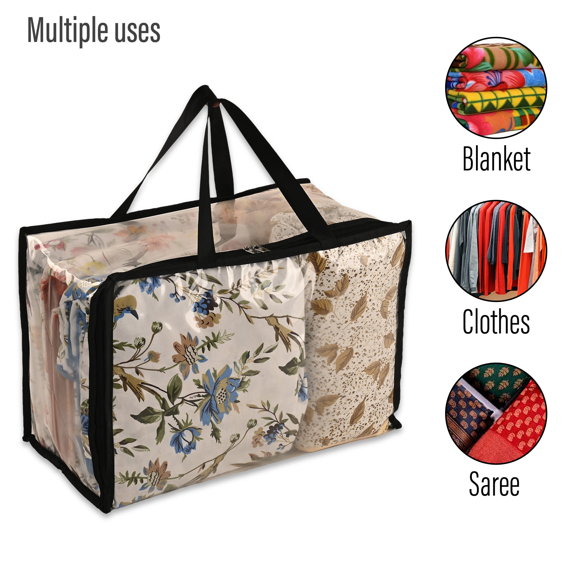 Kuber Industries Waterproof Storage Bag  Multipurpose Bag for Toys Clothes Blankets Bedsheets  Zipper  Handle  Transparent Wardrobe Organizer  Black