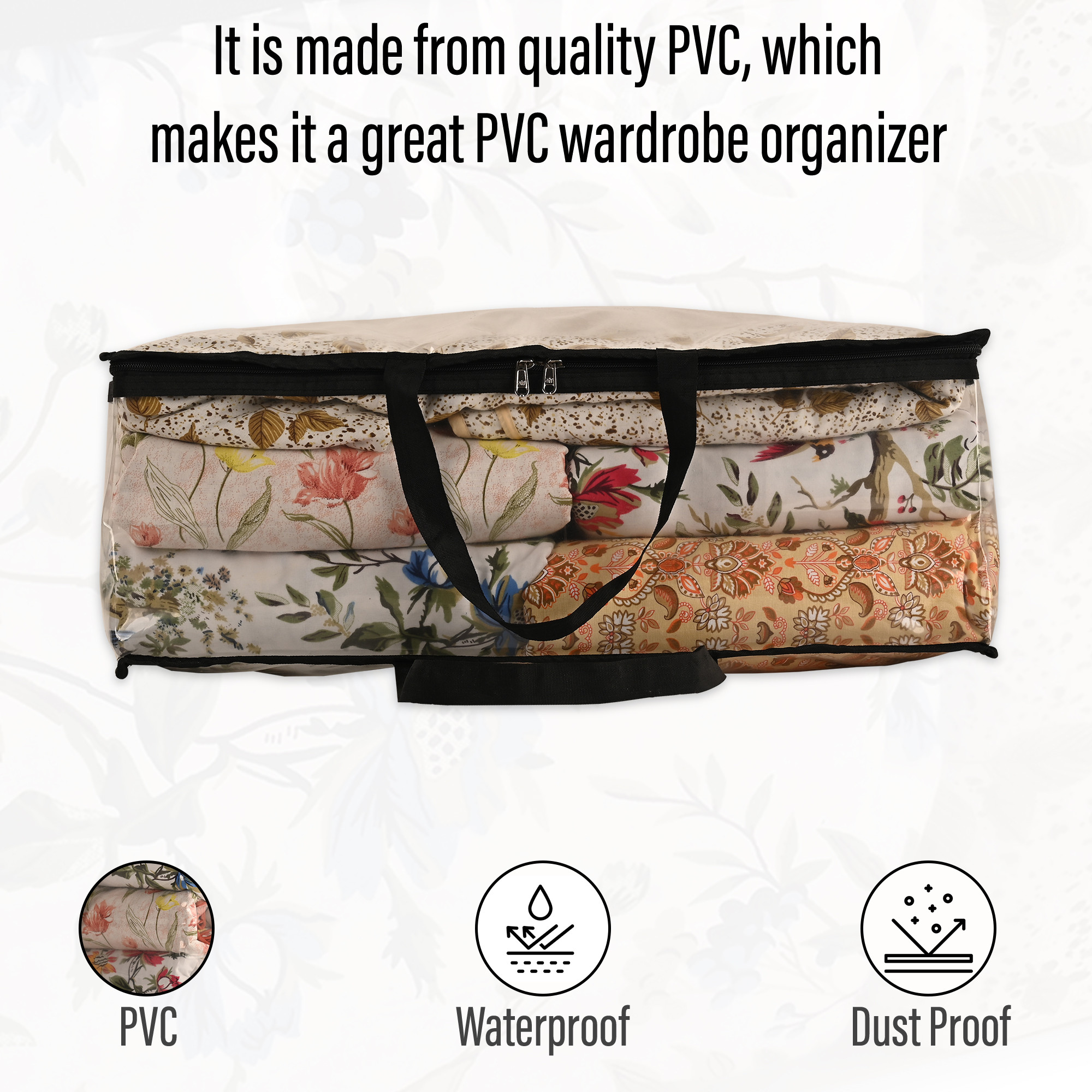 Kuber Industries Waterproof Storage Bags for Clothes  Wardrobe Organizer  Transparent Travel Organizer Bag with Handle  Large  Black