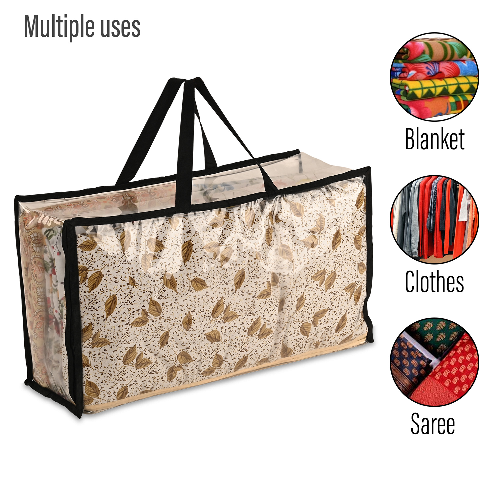 Kuber Industries Waterproof Storage Bags for Clothes  Wardrobe Organizer  Transparent Travel Organizer Bag with Handle  Large  Black