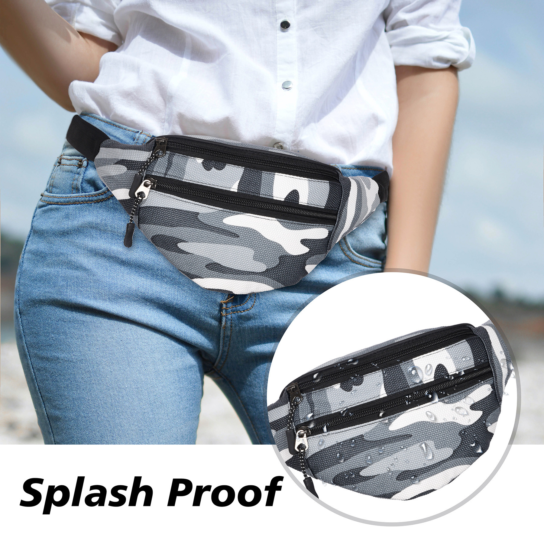 Kuber Industries Waterproof Waist Bag for Women  Men  Fanny Pack  Side Belt Bag for Travel  Chest Passport Pouch  Camoflauge Print - Grey