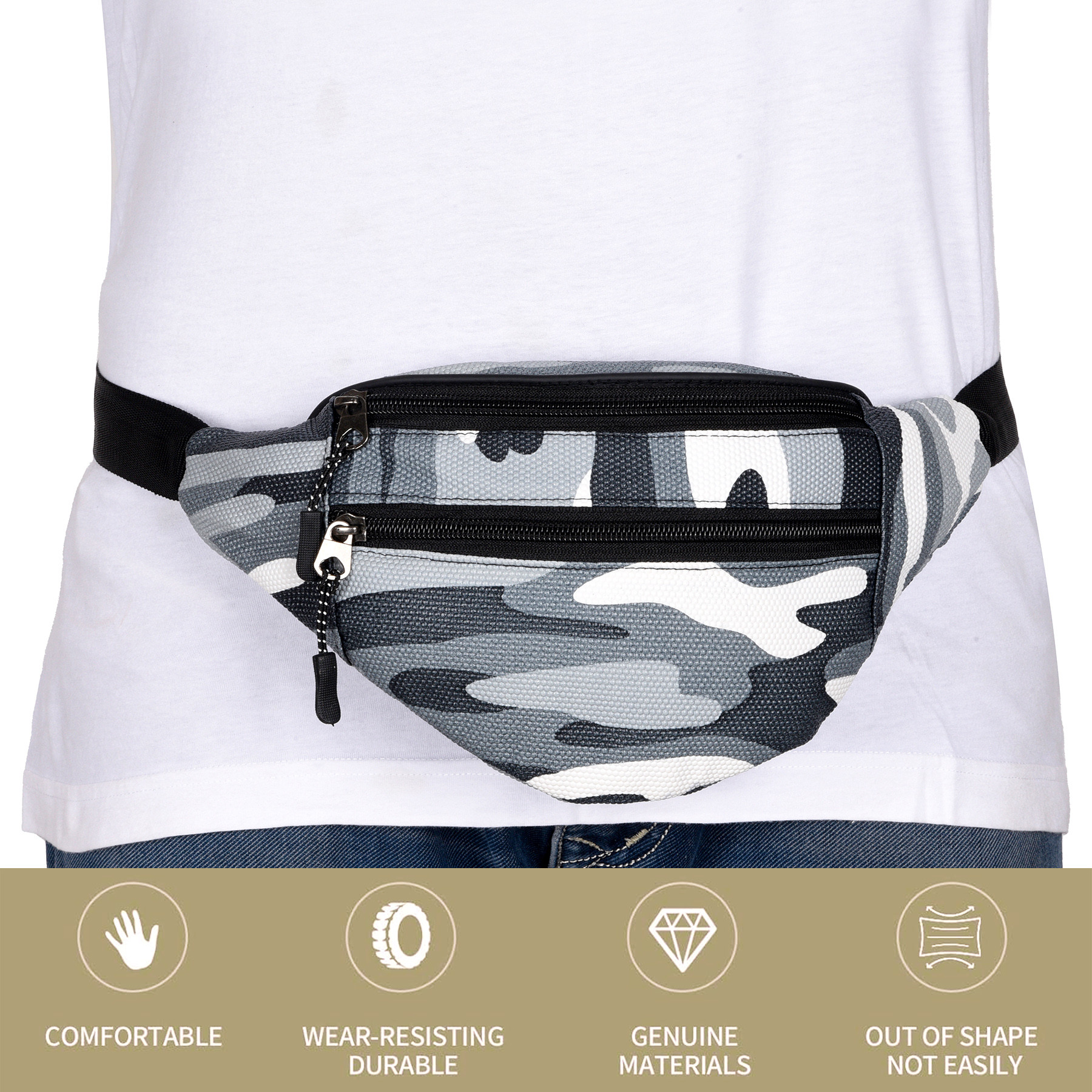 Kuber Industries Waterproof Waist Bag for Women  Men  Fanny Pack  Side Belt Bag for Travel  Chest Passport Pouch  Camoflauge Print - Grey
