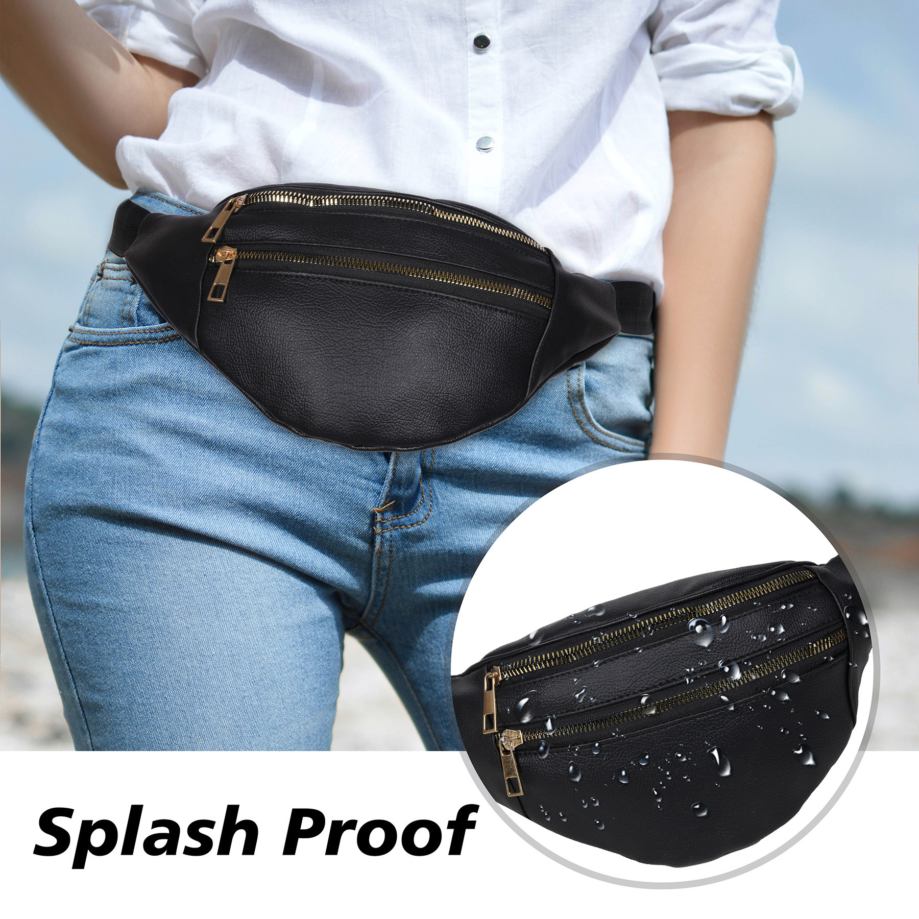 Kuber Industries Waterproof Waist Bag for Women  Men  Fanny Pack  Side Belt Bag for Travel  Chest Passport Pouch  Black