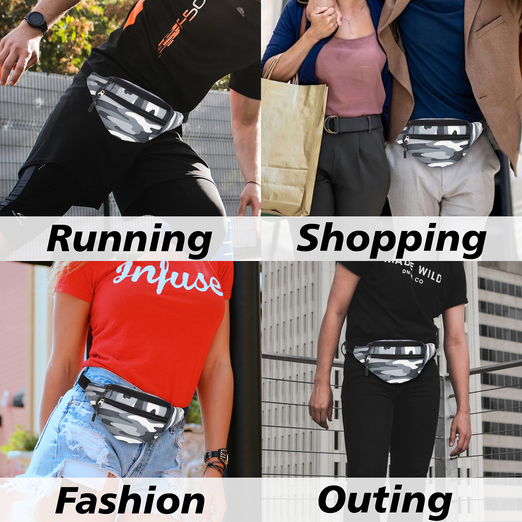 Kuber Industries Waterproof Waist Bag for Women  Men  Fanny Pack  Side Belt Bag for Travel  Chest Passport Pouch  Camoflauge Print - Grey