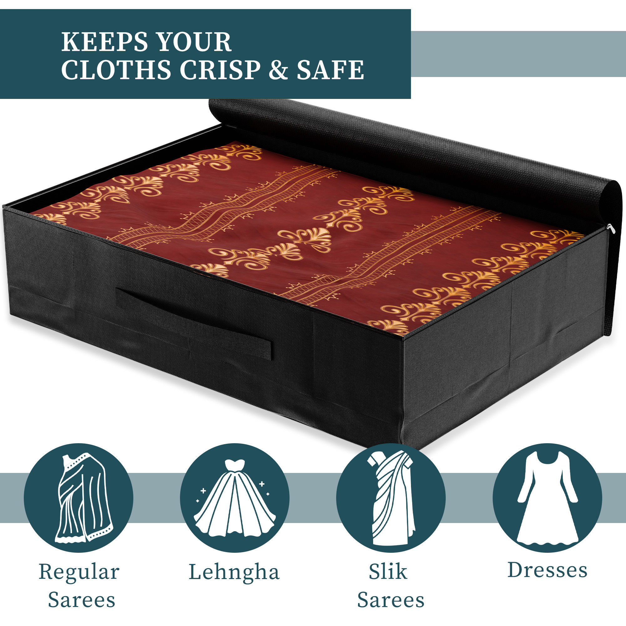 Kuber Industries Waterproof Wardrobe Saree Cover Organizer With Zip  Parachute Multipurpose Clothes Storage Bag For Suit Dresses  Lehenga  Flower Print - Black