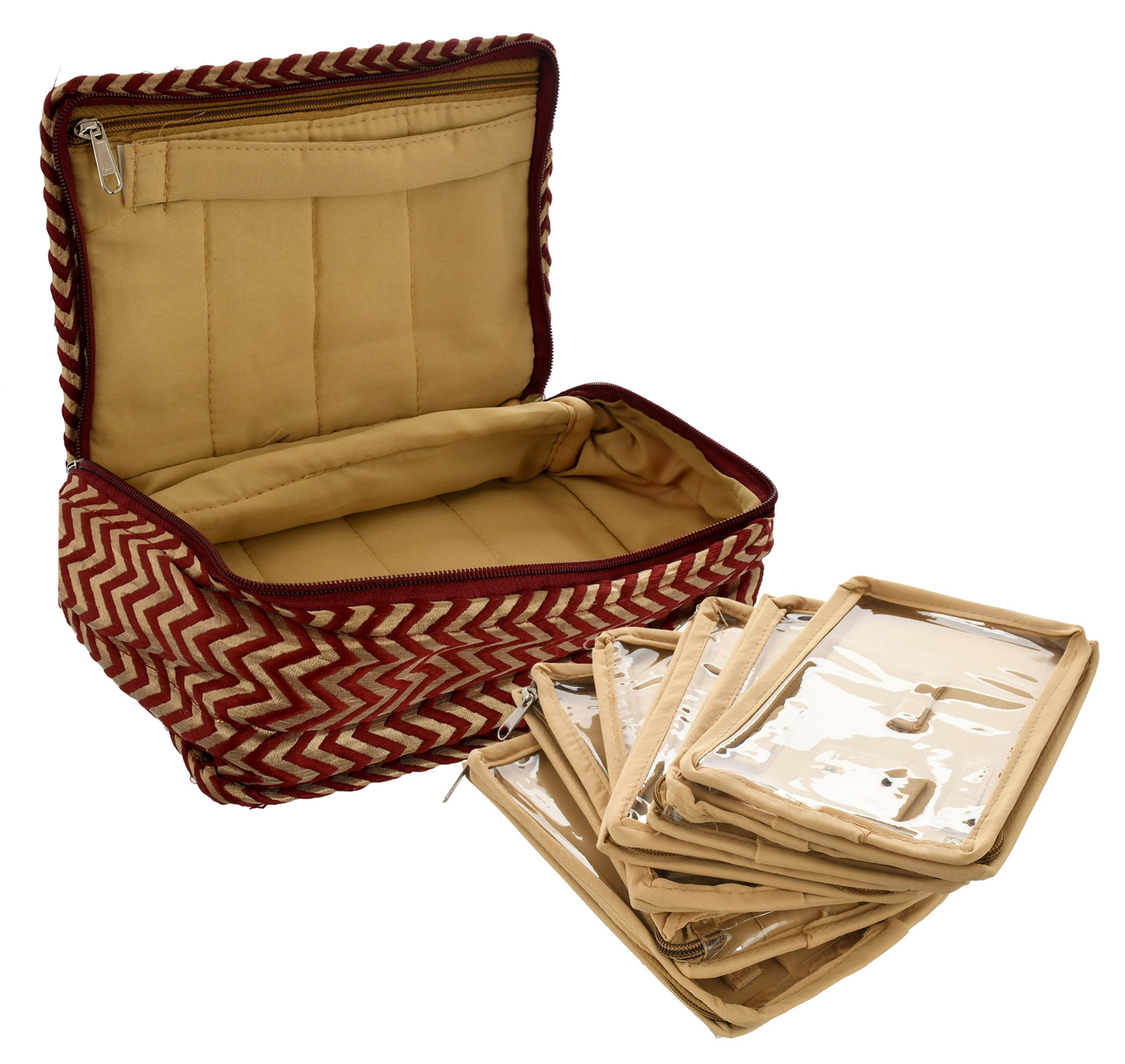 Kuber Industries Wave Design Portable Jewellery Organizer With 6 Tranasparent Pouches For Keeps Your Jewellery,Earrings, Necklaces Organized And Secure With Top Handle (Gold & Maroon)