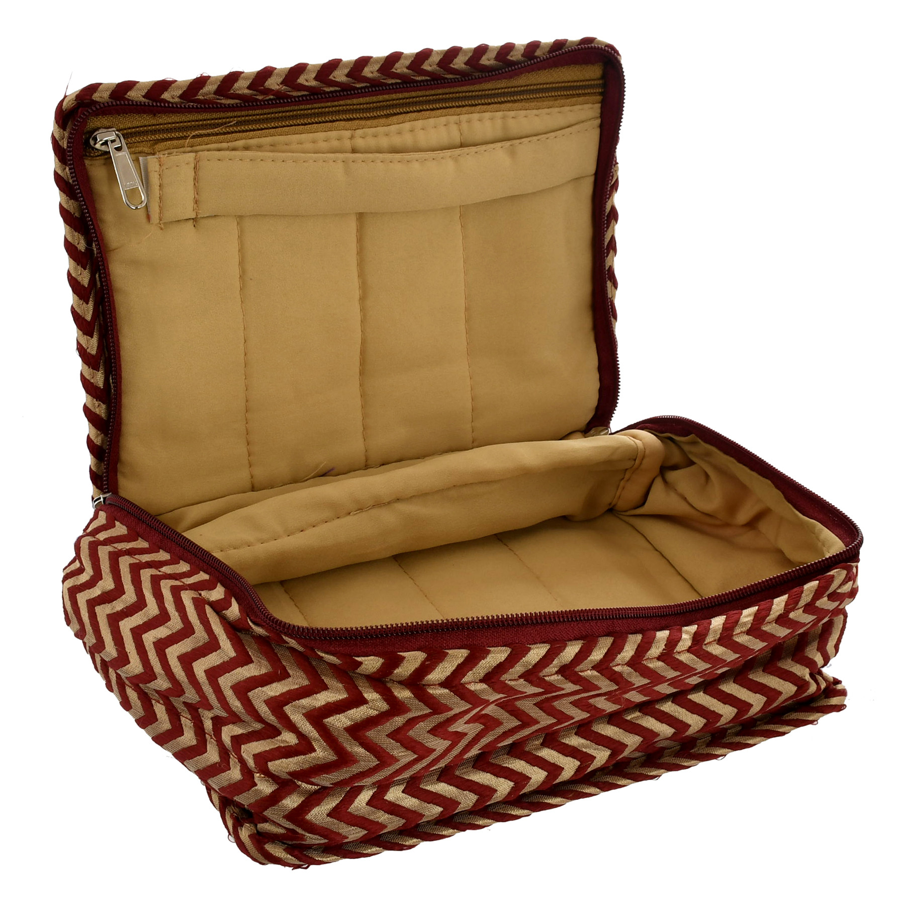 Kuber Industries Wave Design Portable Jewellery Organizer With 6 Tranasparent Pouches For Keeps Your Jewellery,Earrings, Necklaces Organized And Secure With Top Handle (Gold & Maroon)
