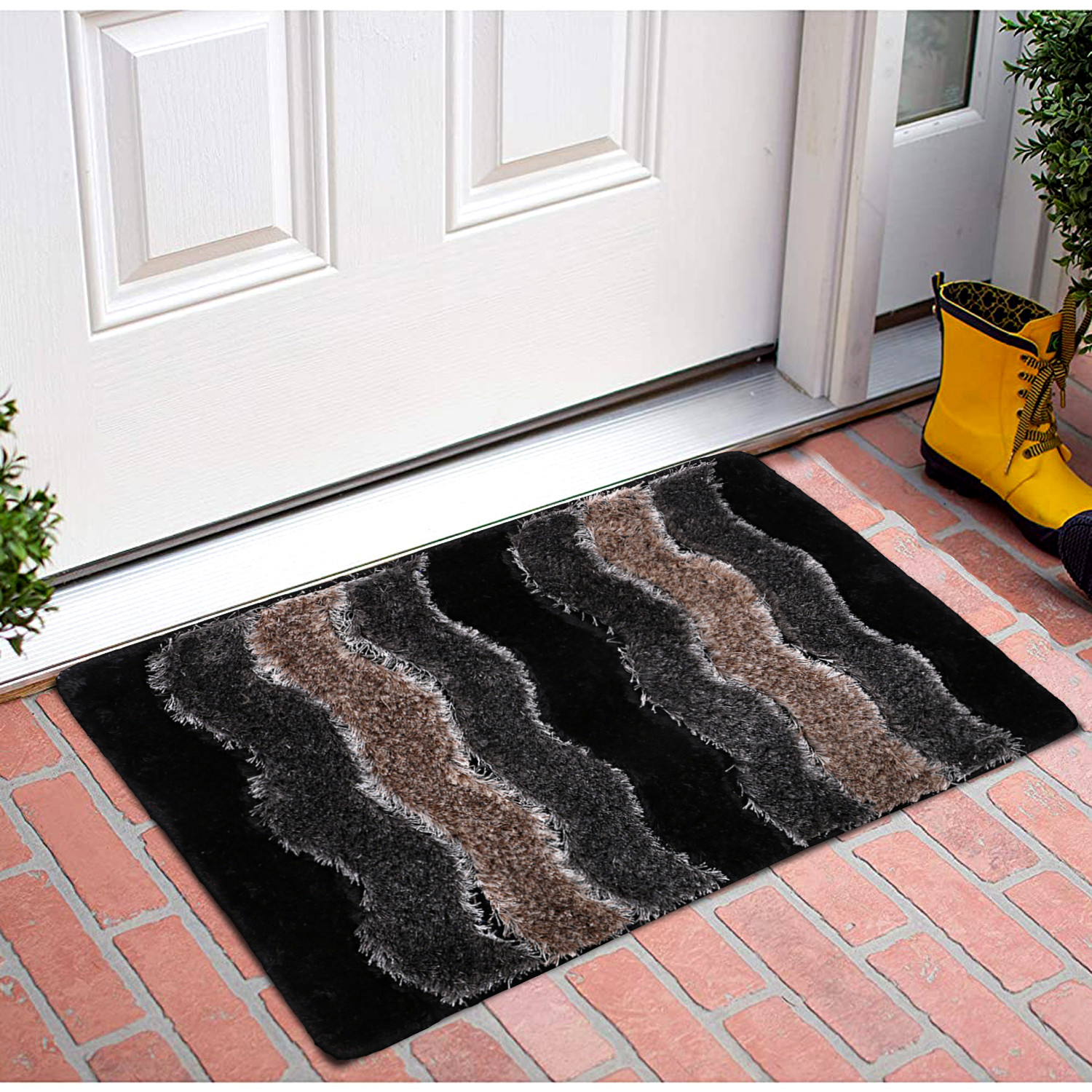 Kuber Industries Wave Design Soft, lightweigth Velvet Doormat/ Floor Mat (Black & Grey)
