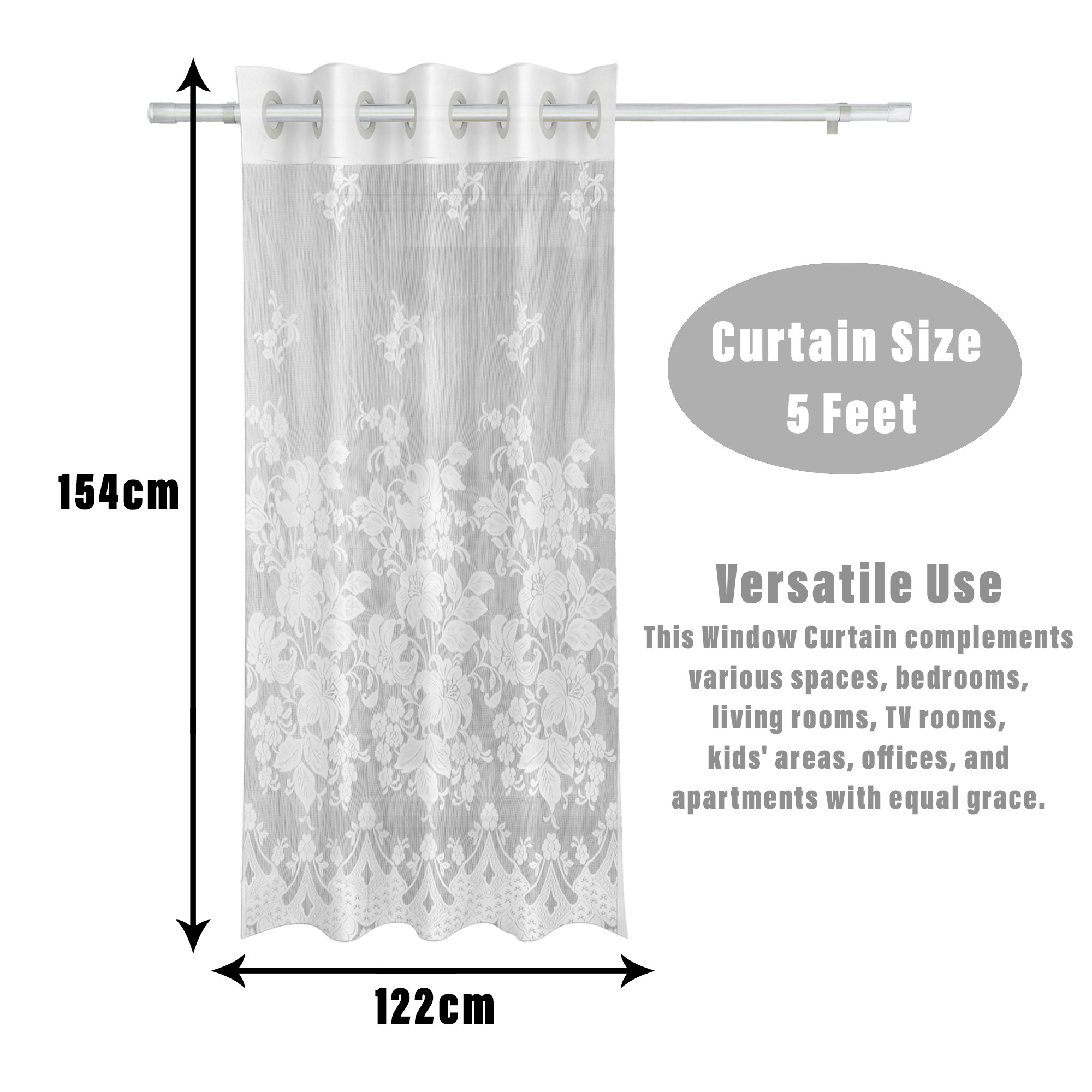 Kuber Industries Window Curtain | Darkening Window Curtains | Sheer Curtain with 8 Rings | Parda for Living Room | Drapes for Bedroom | Net Frill Window Curtain | 5 Ft | SY27 | White