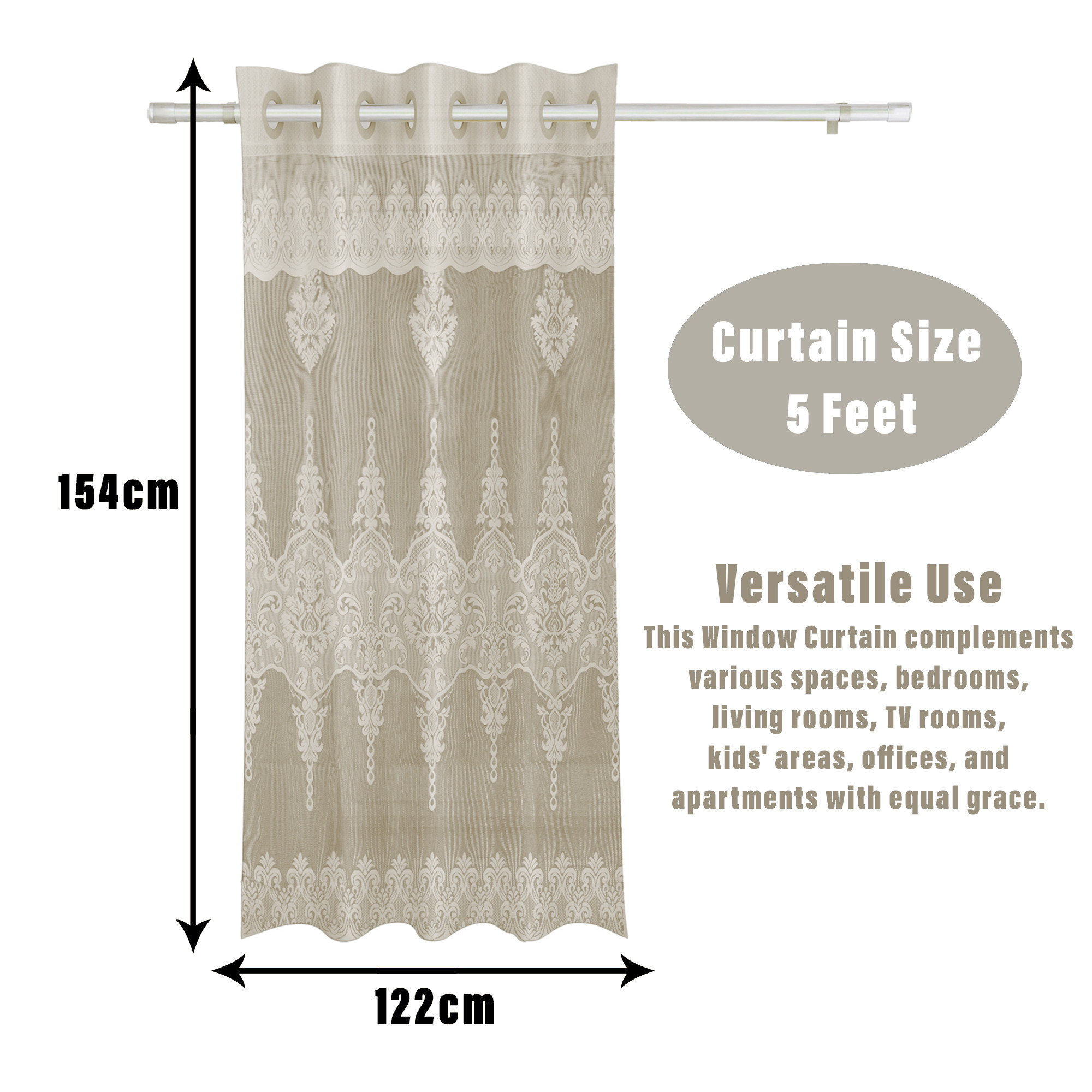 Kuber Industries Window Curtain | Darkening Window Curtains | Sheer Curtain with 8 Rings | Parda for Living Room | Drapes for Bedroom | Net Frill Window Curtain | 5 Ft | SY15ZZ | Cream