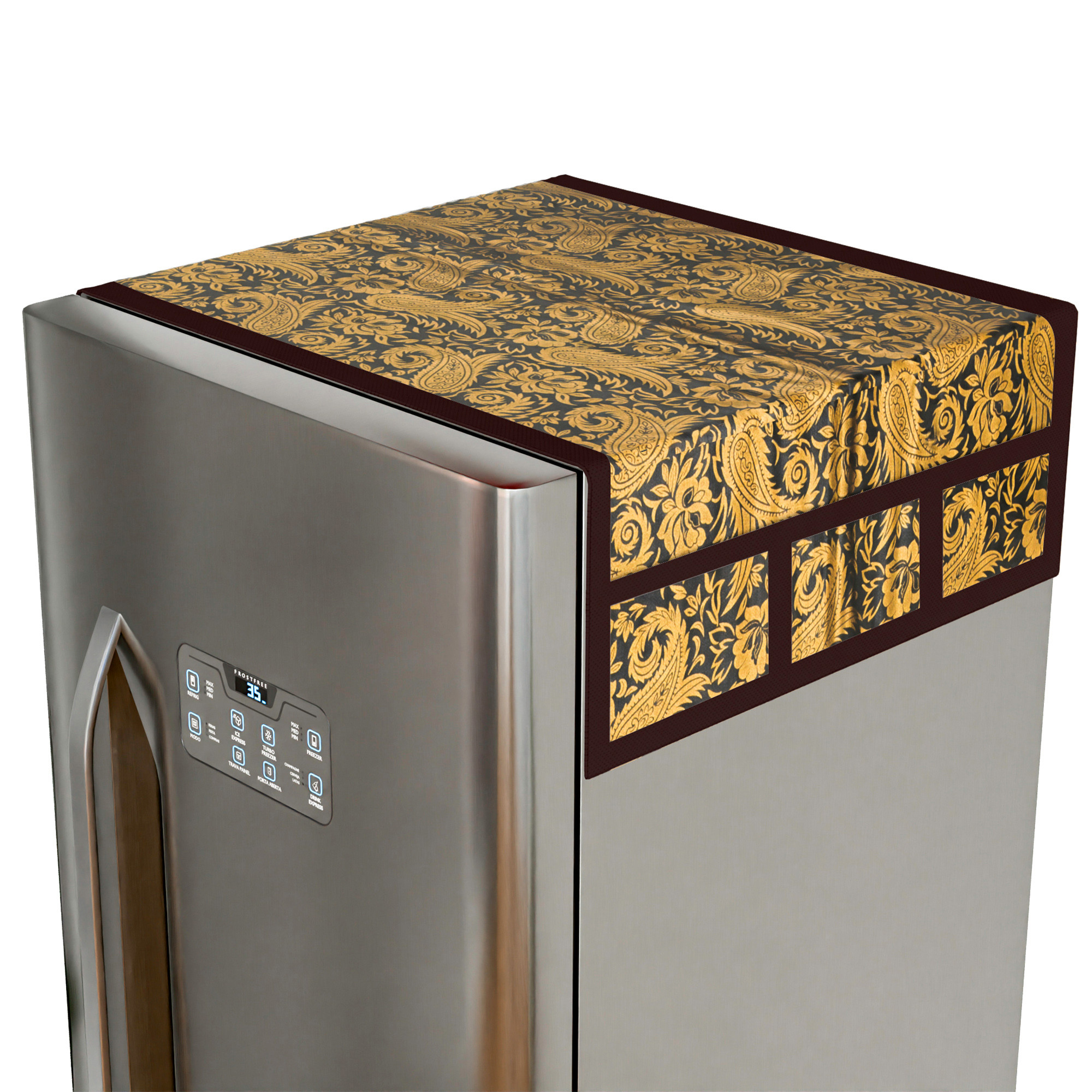 Kuber Industries Wipeable  Dustproof Fridge Cover Top With 6 Storage Pockets  Easy To Clean Refrigerator Cover Ideal for Home Canteen  Office  Golden Carry Print-Black