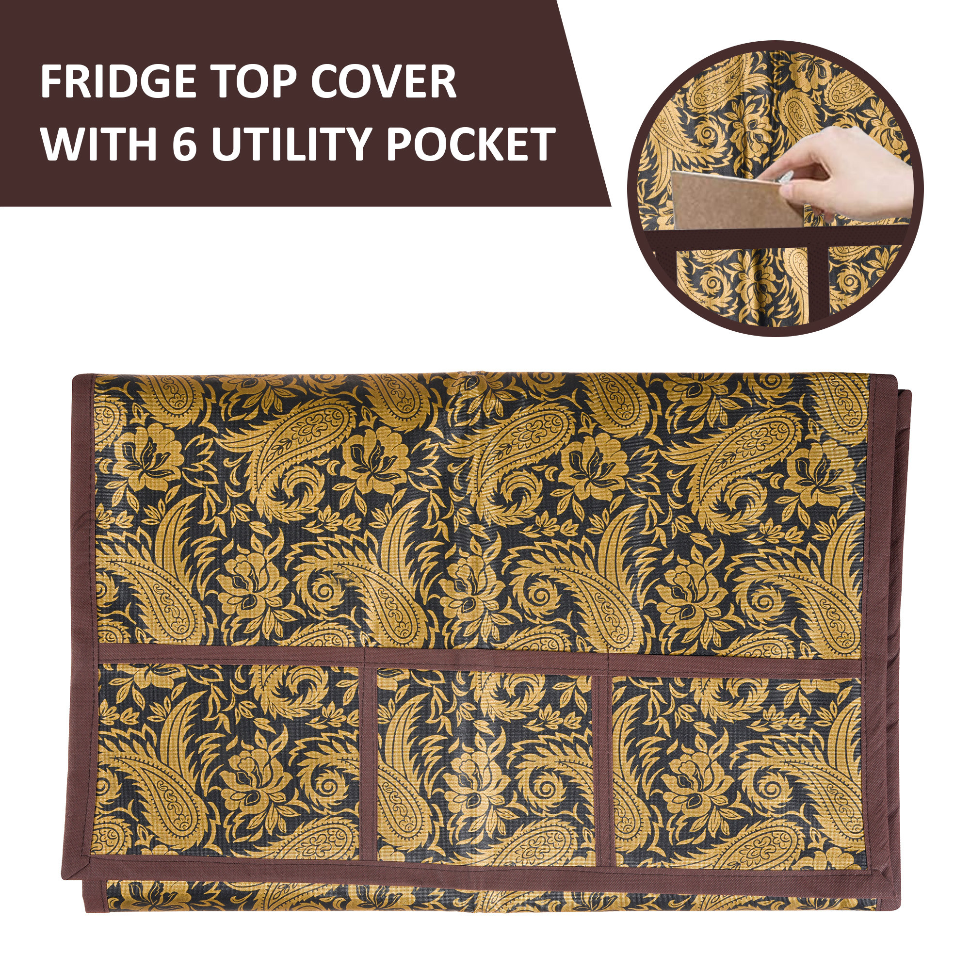Kuber Industries Wipeable  Dustproof Fridge Cover Top With 6 Storage Pockets  Easy To Clean Refrigerator Cover Ideal for Home Canteen  Office  Golden Carry Print-Black