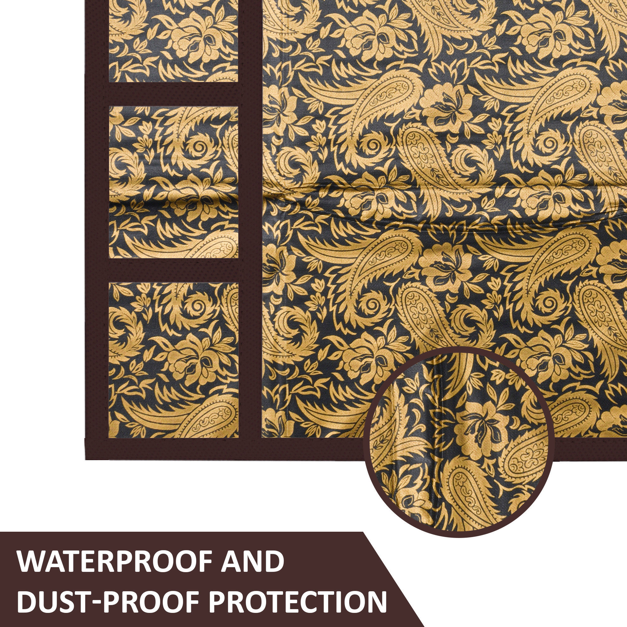 Kuber Industries Wipeable  Dustproof Fridge Cover Top With 6 Storage Pockets  Easy To Clean Refrigerator Cover Ideal for Home Canteen  Office  Golden Carry Print-Black