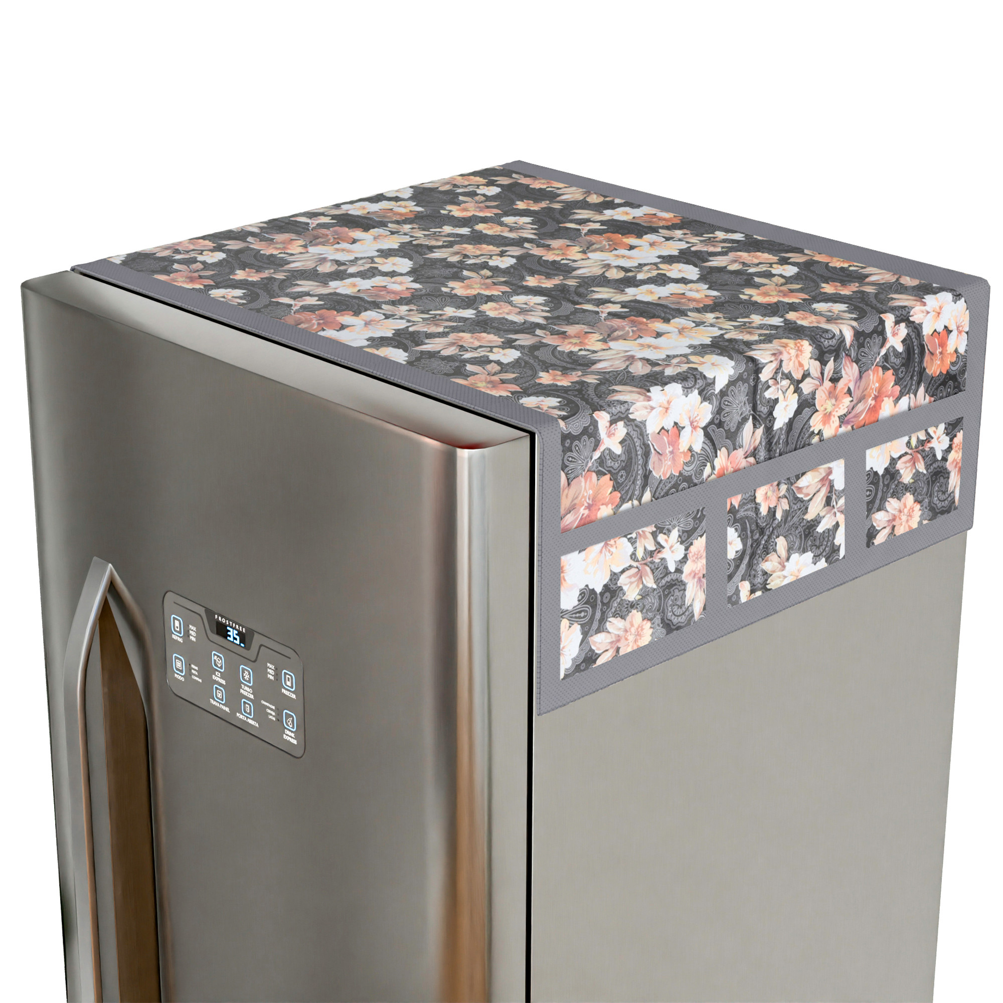 Kuber Industries Wipeable  Dustproof Fridge Cover Top With 6 Storage Pockets  Easy To Clean Refrigerator Cover Ideal for Home Canteen  Office  Flower- Grey  Brown