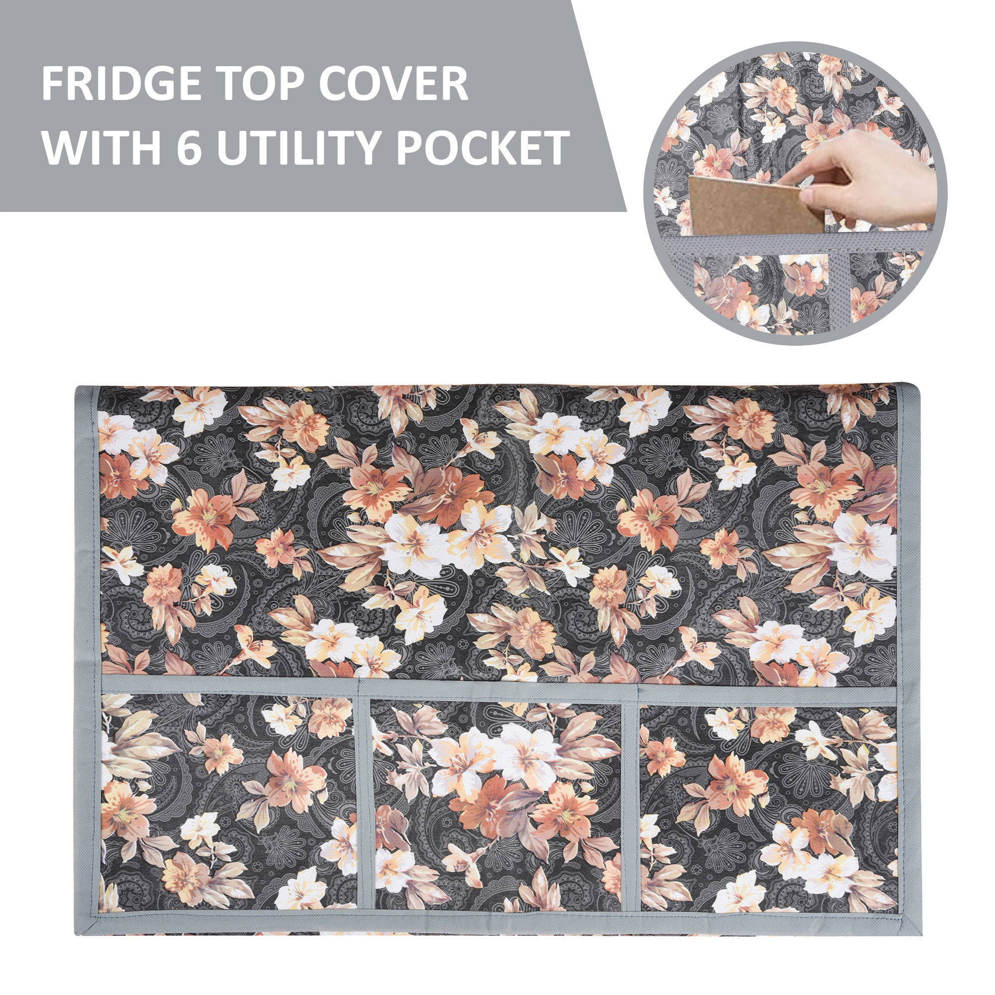 Kuber Industries Wipeable  Dustproof Fridge Cover Top With 6 Storage Pockets  Easy To Clean Refrigerator Cover Ideal for Home Canteen  Office  Flower- Grey  Brown