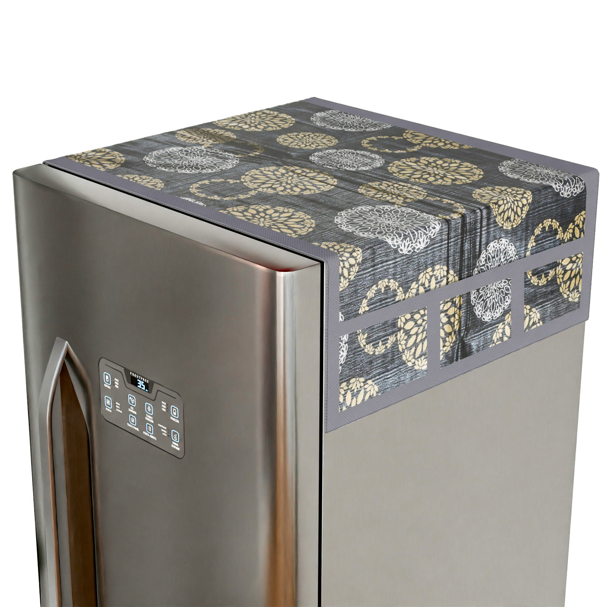 Kuber Industries Wipeable  Dustproof Fridge Cover Top With 6 Storage Pockets  Easy To Clean Refrigerator Cover Ideal for Home Canteen  Office  Rangoli Print- Black