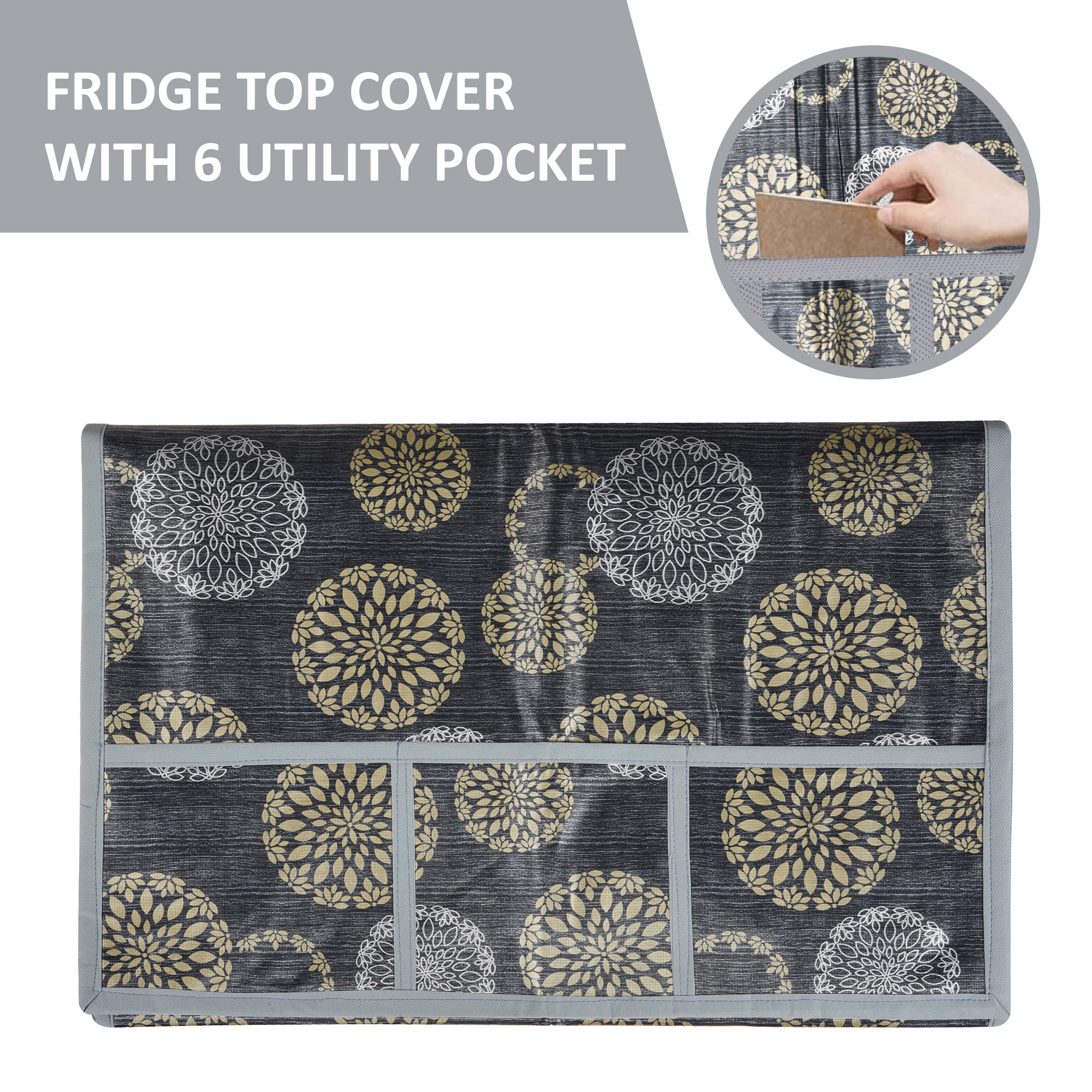 Kuber Industries Wipeable  Dustproof Fridge Cover Top With 6 Storage Pockets  Easy To Clean Refrigerator Cover Ideal for Home Canteen  Office  Rangoli Print- Black