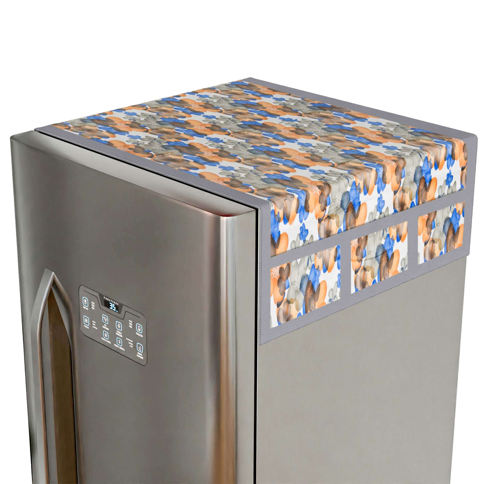 Kuber Industries Wipeable  Dustproof Fridge Cover Top With 6 Storage Pockets  Easy To Clean Refrigerator Cover Ideal for Home Canteen  Office  Flower- Blue  White